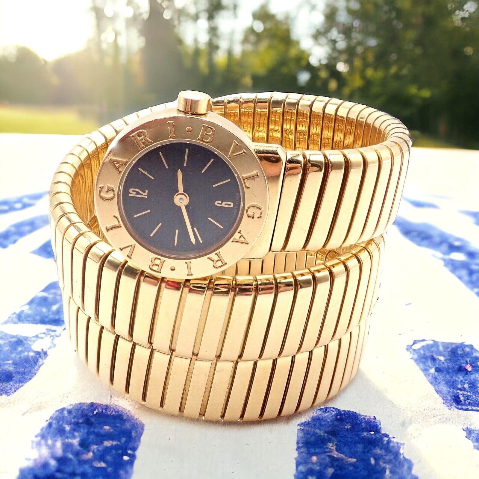 18k yellow gold Vintage Tubogas Serpenti Snake bracelet watch by Bulgari.
The Authentic Bulgari 18k Yellow Gold Tubogas Serpenti Snake Bracelet Watch combines exquisite craftsmanship with iconic design. 
This luxurious timepiece features a flexible,