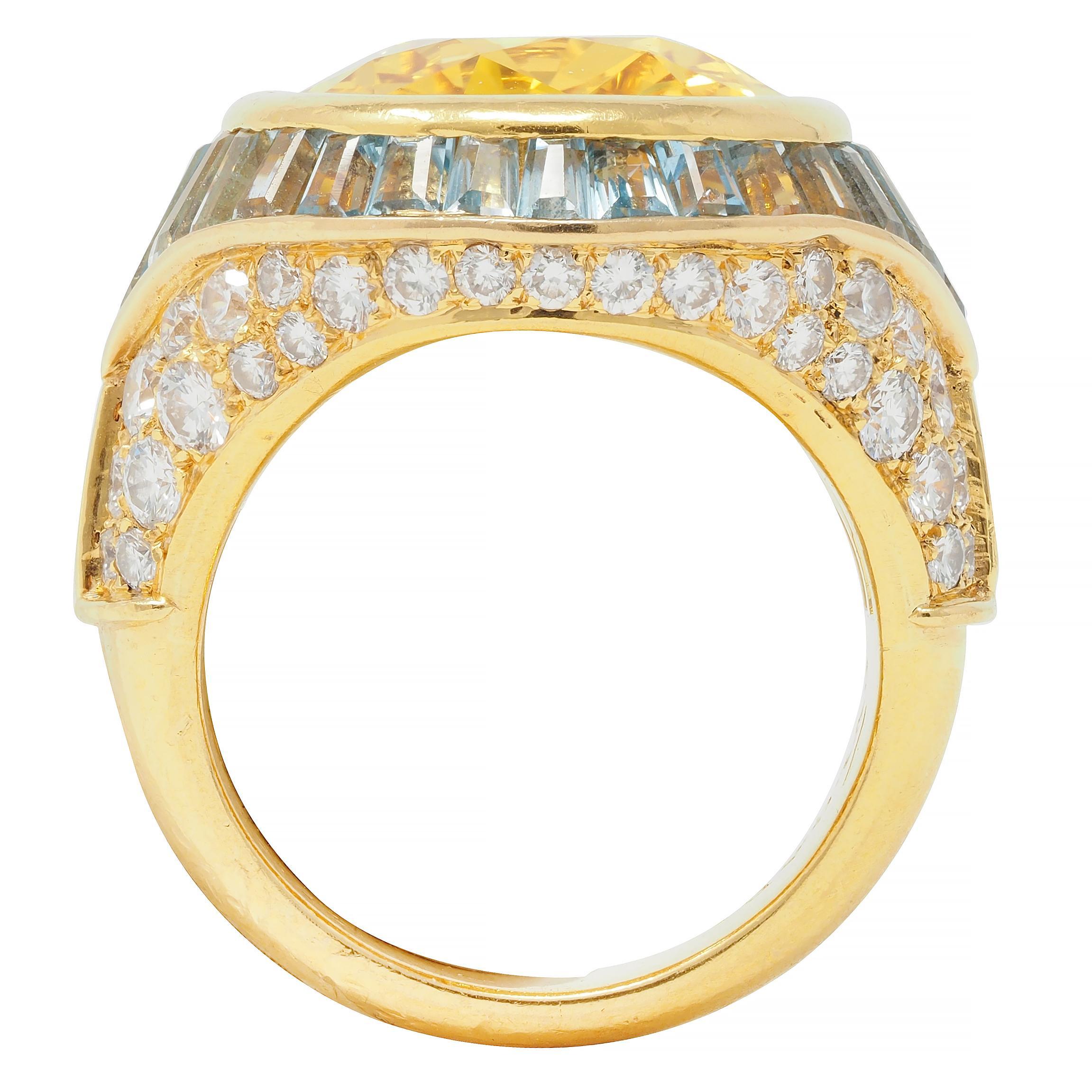 Bulgari Vintage Yellow Sapphire Aquamarine Diamond 18 Karat Gold Halo Ring For Sale 5