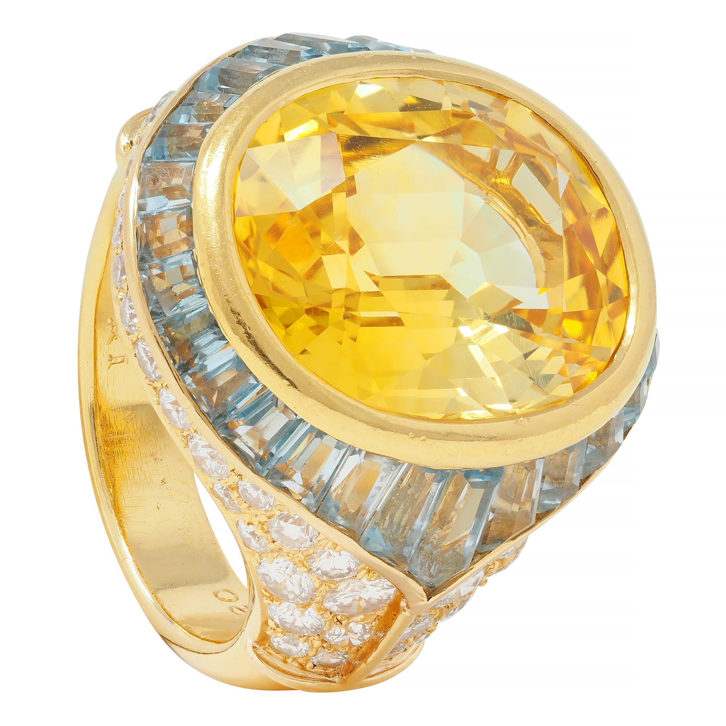 Bulgari Vintage Yellow Sapphire Aquamarine Diamond 18 Karat Gold Halo Ring For Sale 6