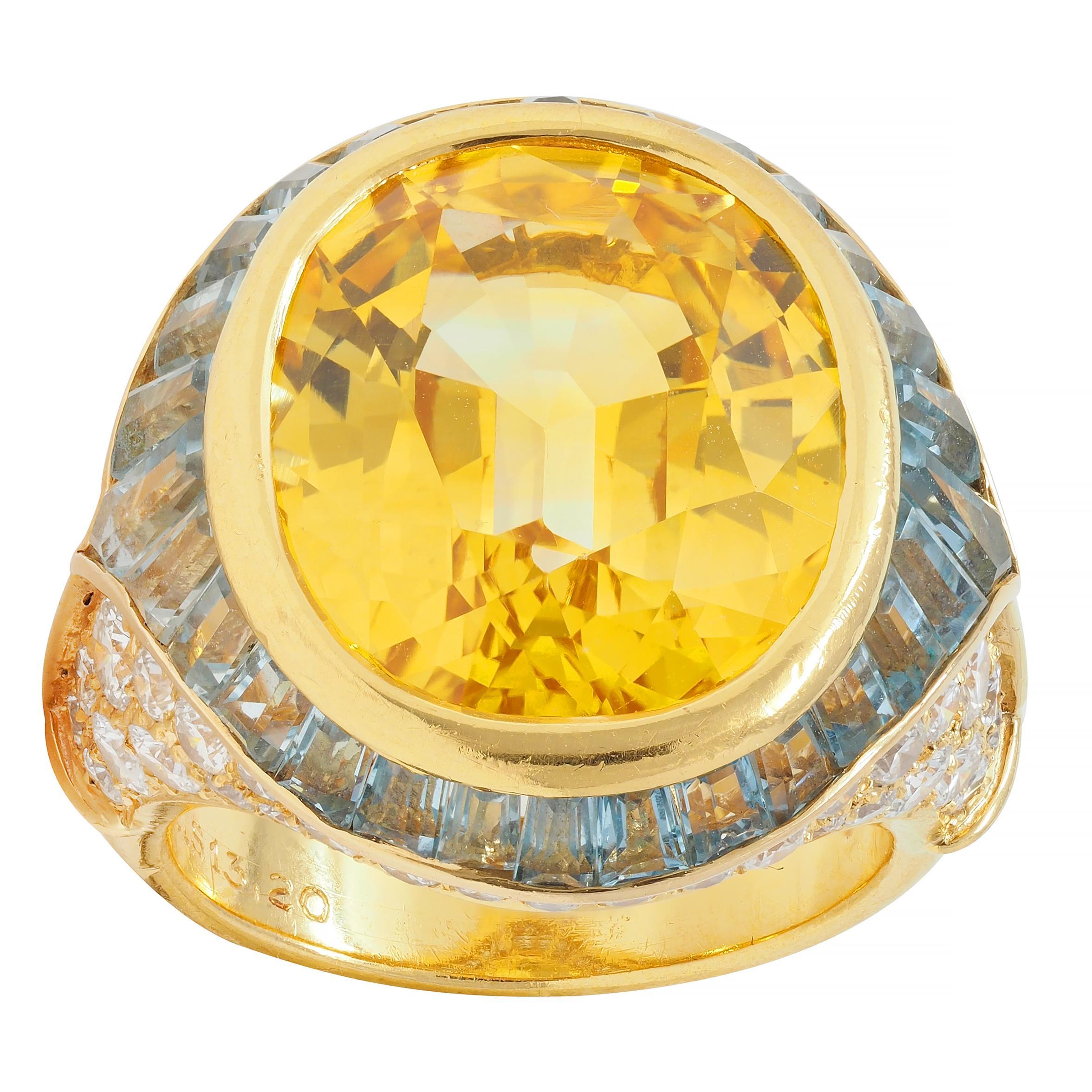 Bulgari Vintage Yellow Sapphire Aquamarine Diamond 18 Karat Gold Halo Ring For Sale 7