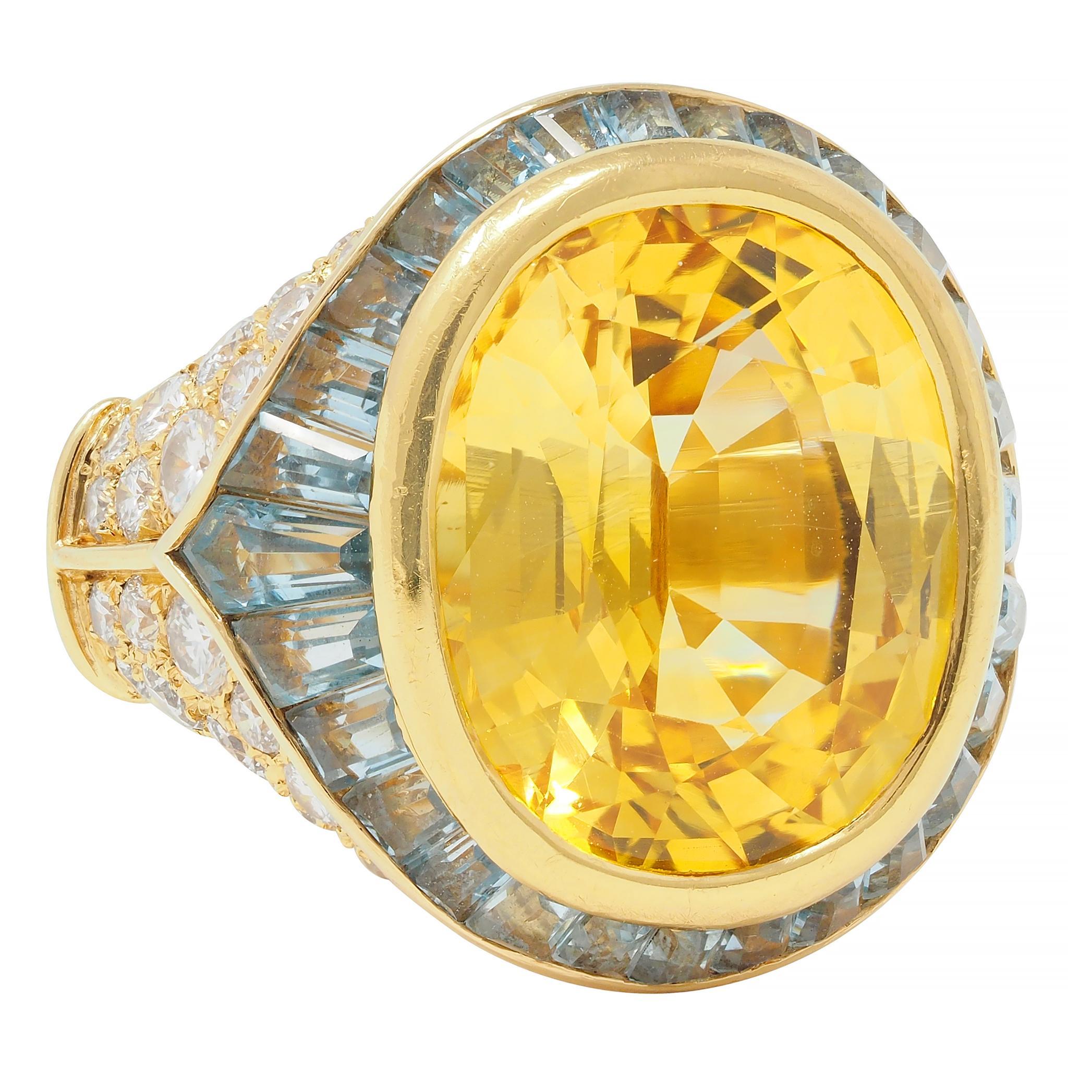 Oval Cut Bulgari Vintage Yellow Sapphire Aquamarine Diamond 18 Karat Gold Halo Ring For Sale