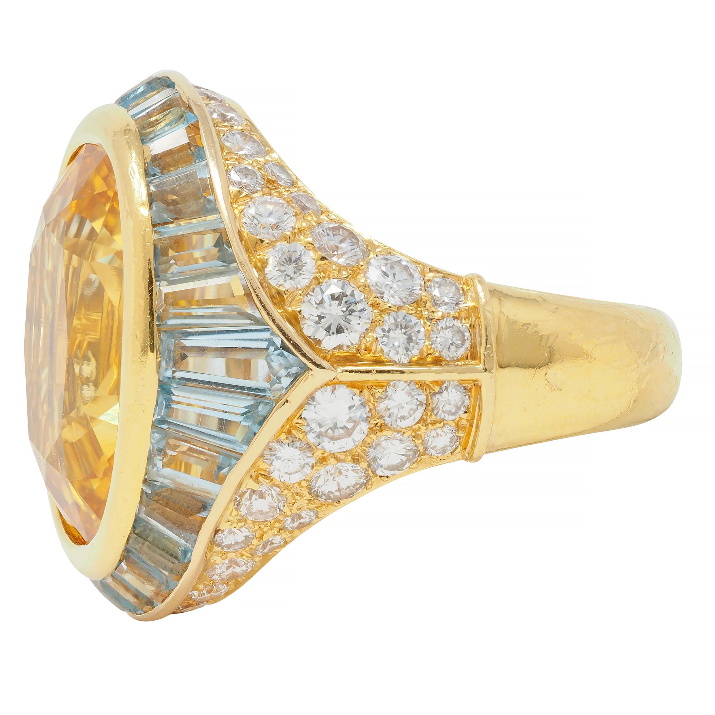 Bulgari Vintage Yellow Sapphire Aquamarine Diamond 18 Karat Gold Halo Ring In Excellent Condition For Sale In Philadelphia, PA