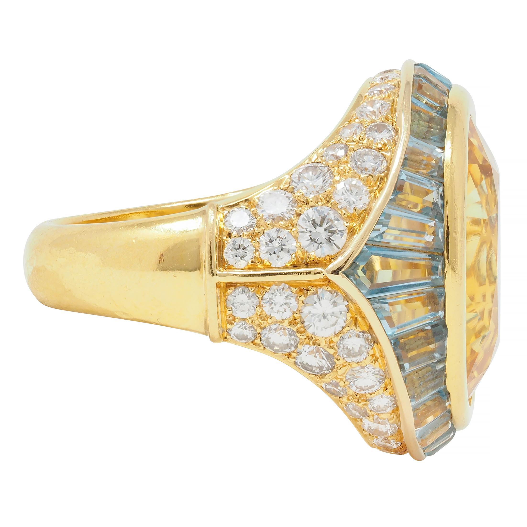 Bulgari Vintage Yellow Sapphire Aquamarine Diamond 18 Karat Gold Halo Ring In Excellent Condition For Sale In Philadelphia, PA