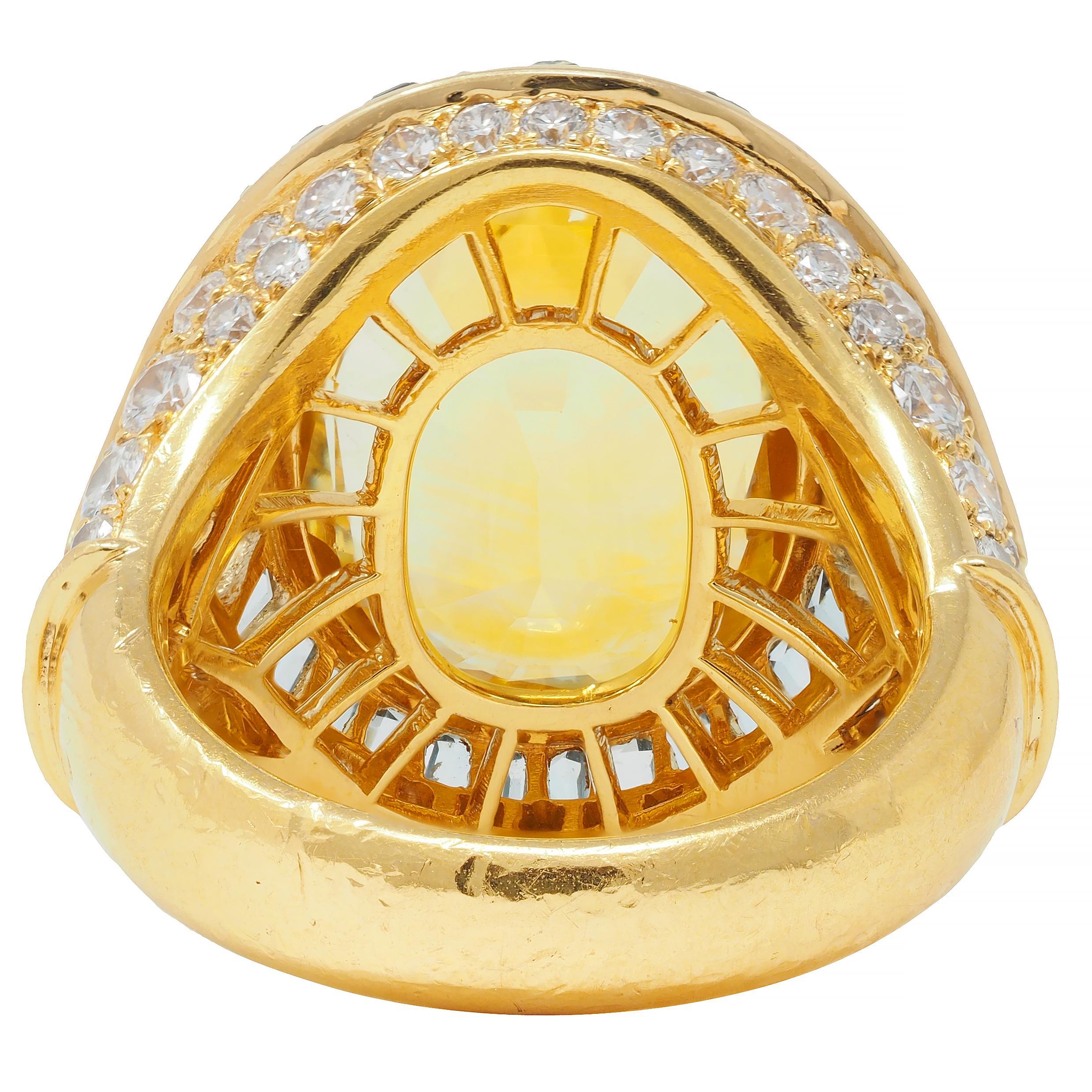 Women's or Men's Bulgari Vintage Yellow Sapphire Aquamarine Diamond 18 Karat Gold Halo Ring For Sale