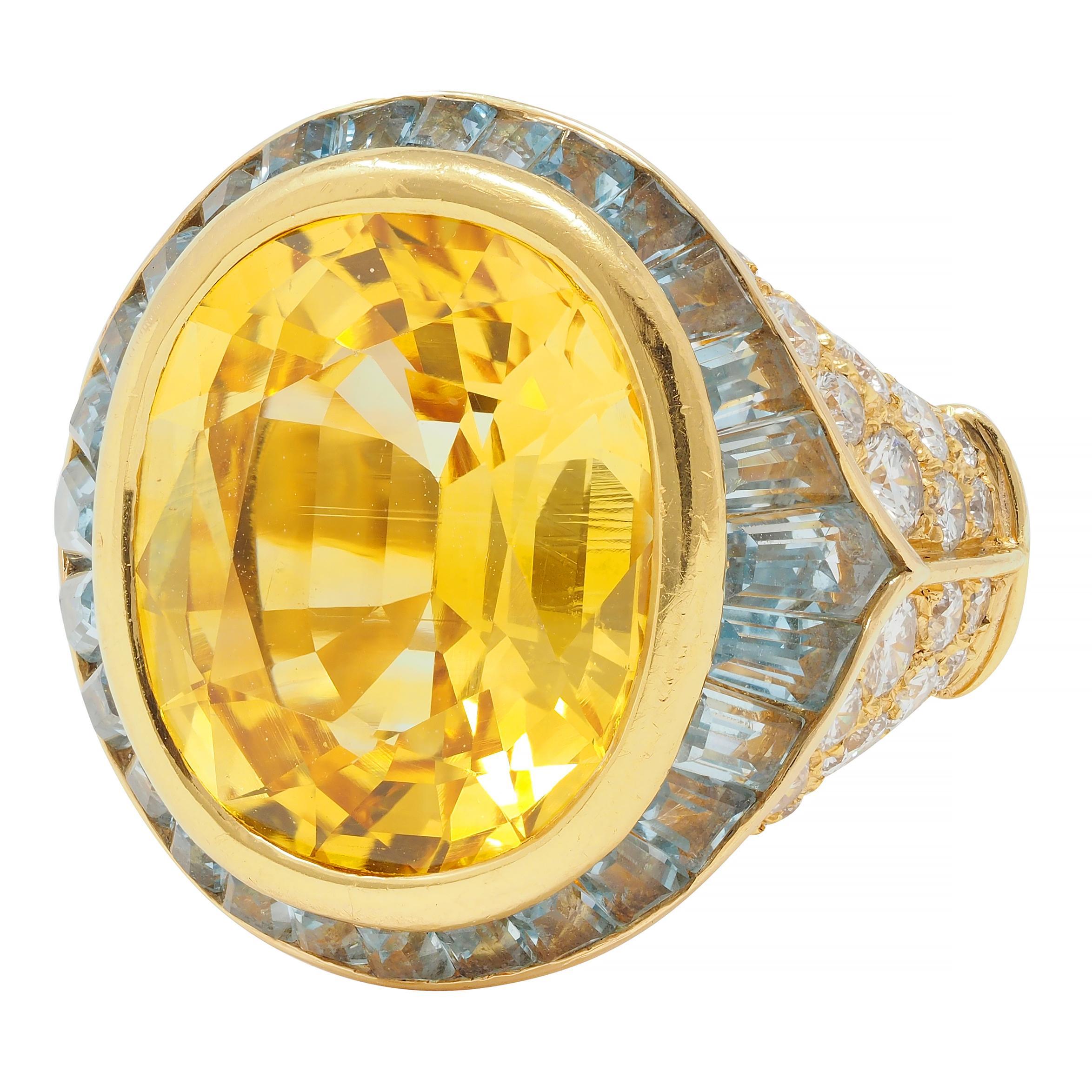 Bulgari Vintage Halo-Ring aus 18 Karat Gold mit gelbem Saphir, Aquamarin und Diamant im Angebot 3