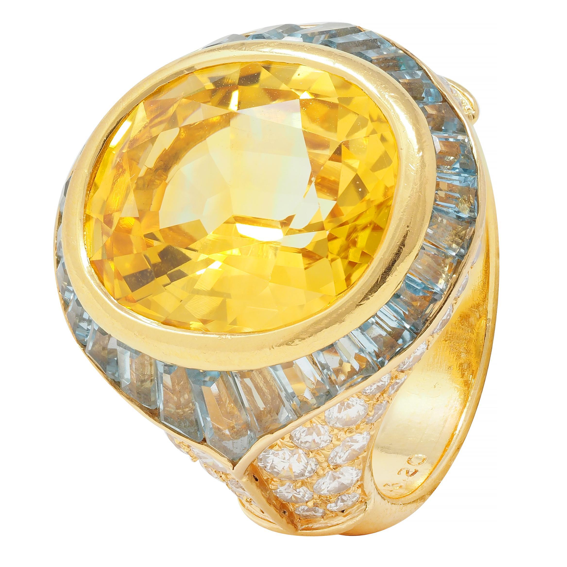 Bulgari Vintage Yellow Sapphire Aquamarine Diamond 18 Karat Gold Halo Ring For Sale 5