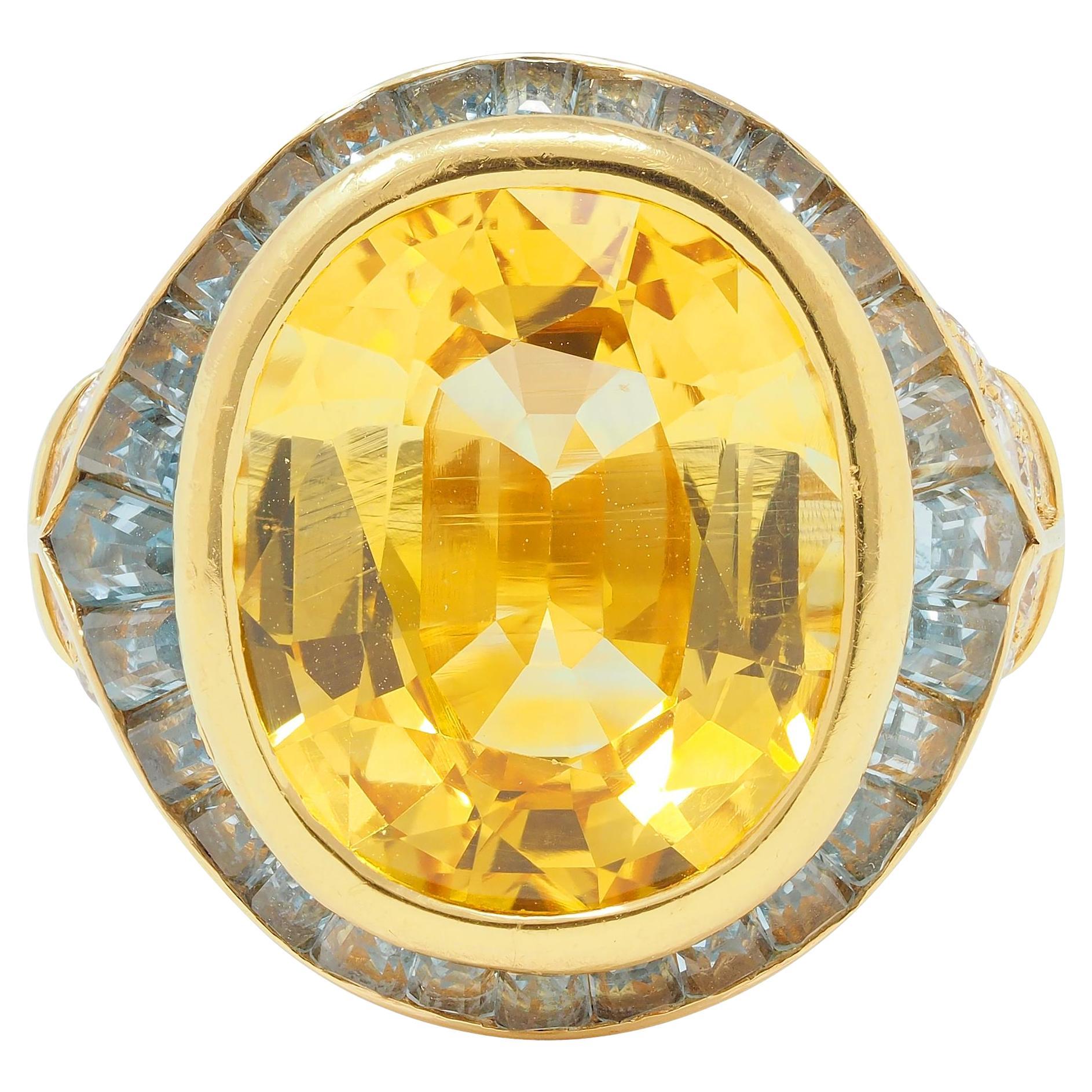 Bulgari Vintage Yellow Sapphire Aquamarine Diamond 18 Karat Gold Halo Ring For Sale