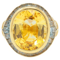 Bulgari Vintage Halo-Ring aus 18 Karat Gold mit gelbem Saphir, Aquamarin und Diamant