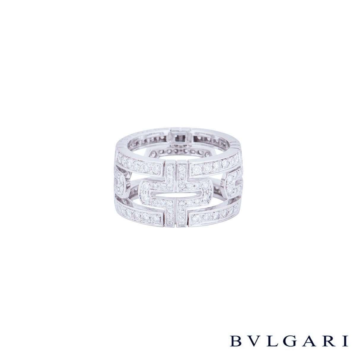 An 18k white gold diamond set Parentesi ring by Bvlgari. The ring features 4 lozenge-shape panels set to the outer edge, each composed of 36 pave set round brilliant cut diamonds, with a total weight of approximately 1.41ct. The ring measures 11mm