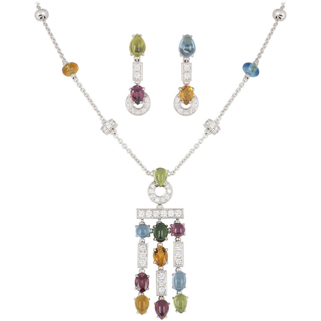 Bulgari White Gold Multi-Gem and Diamond Allegra Necklace and Earring Suite