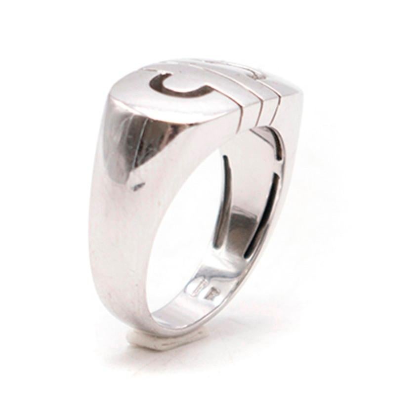 Bvlgari white gold ring. 

White gold. 
Features signature Bvlgari logo on front of ring. 

Please note, these items are pre-owned and may show signs of being stored even when unworn and unused. This is reflected within the significantly reduced