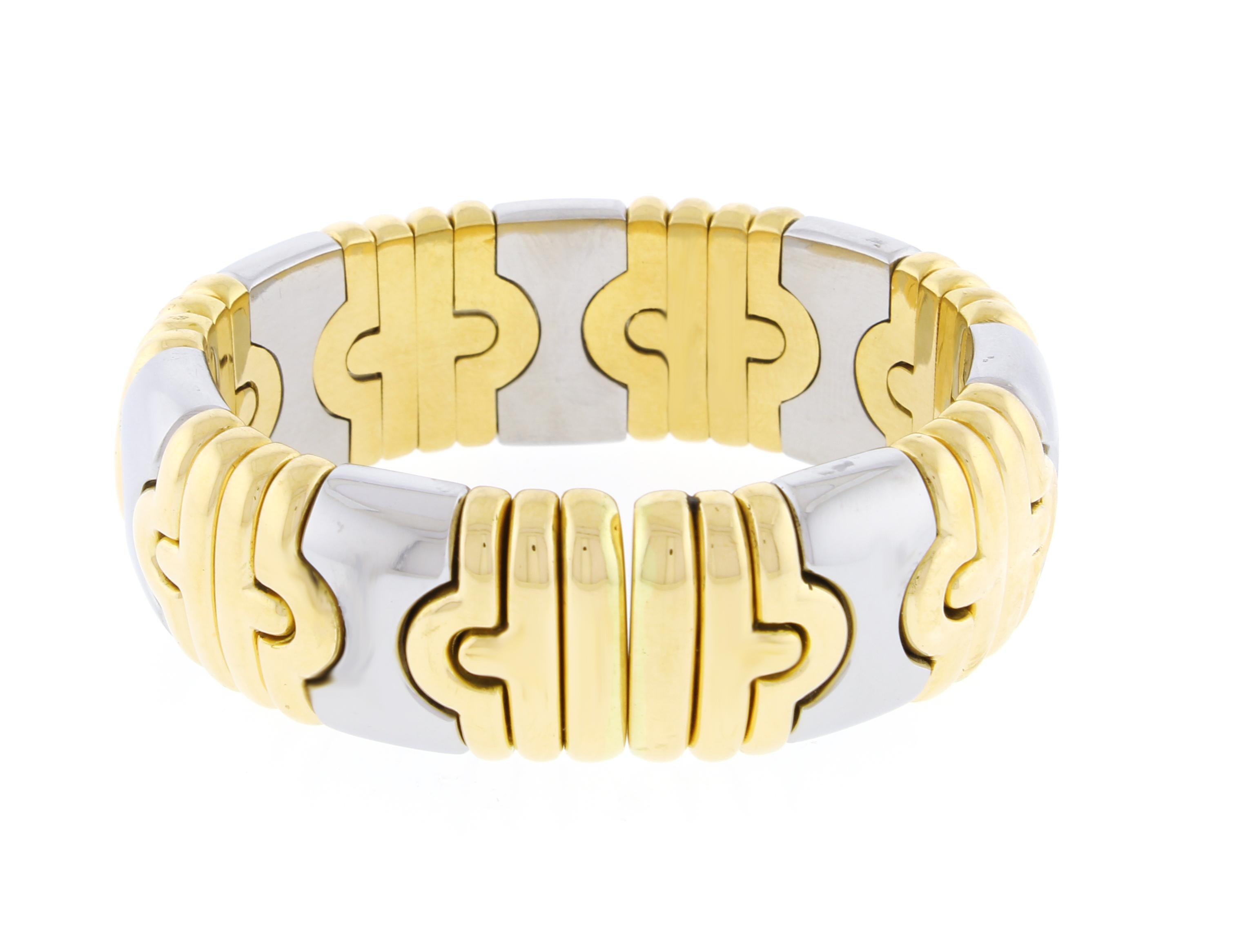 Bulgari Wide Parentesi Two-Tone Gold Bangle Bracelet In Excellent Condition In Bethesda, MD