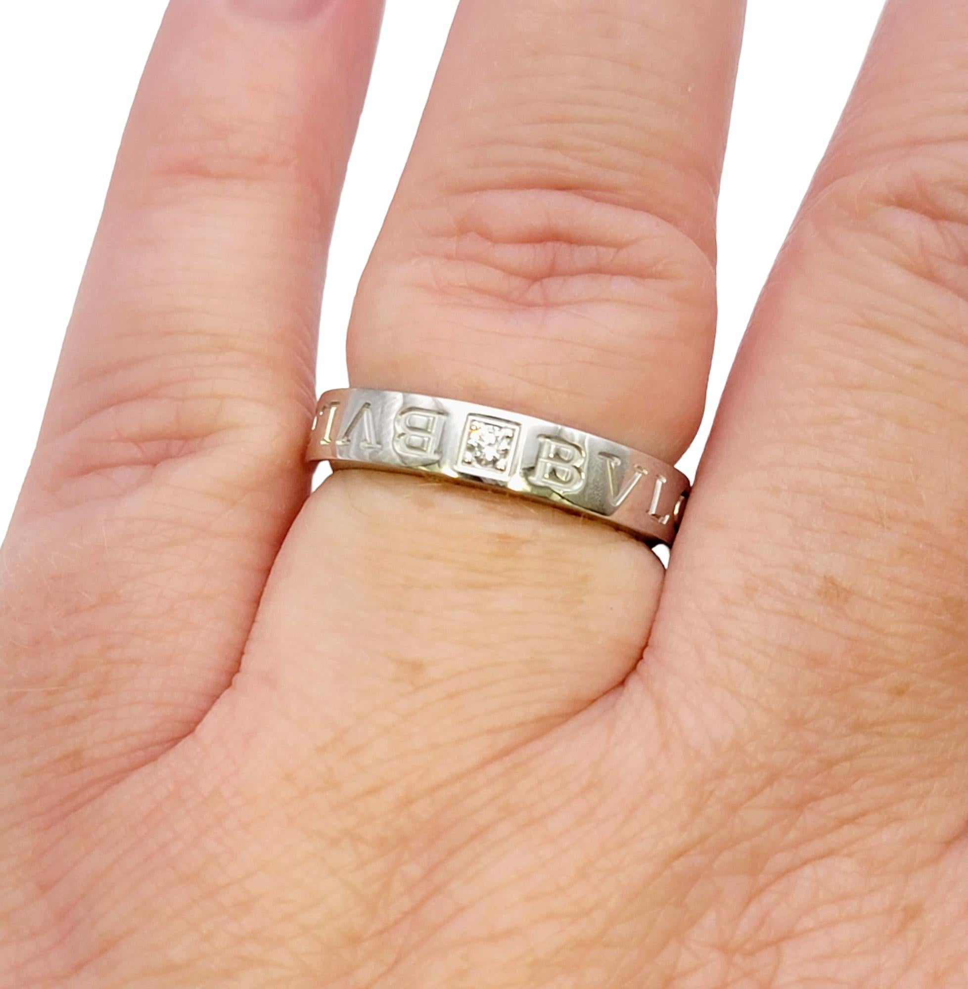 Bulgari Womens Double Logo Wedding Band Ring with Diamond in 18 Karat White Gold For Sale 5