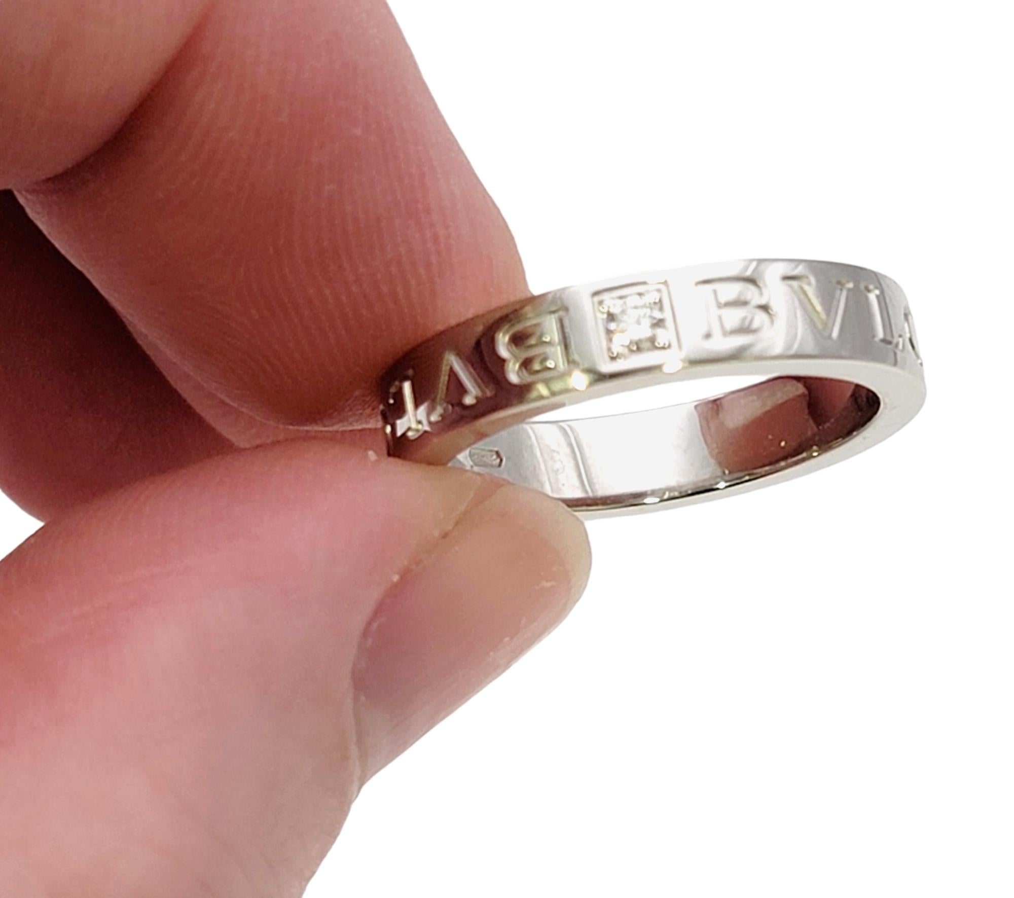 Bulgari Womens Double Logo Wedding Band Ring with Diamond in 18 Karat White Gold For Sale 6
