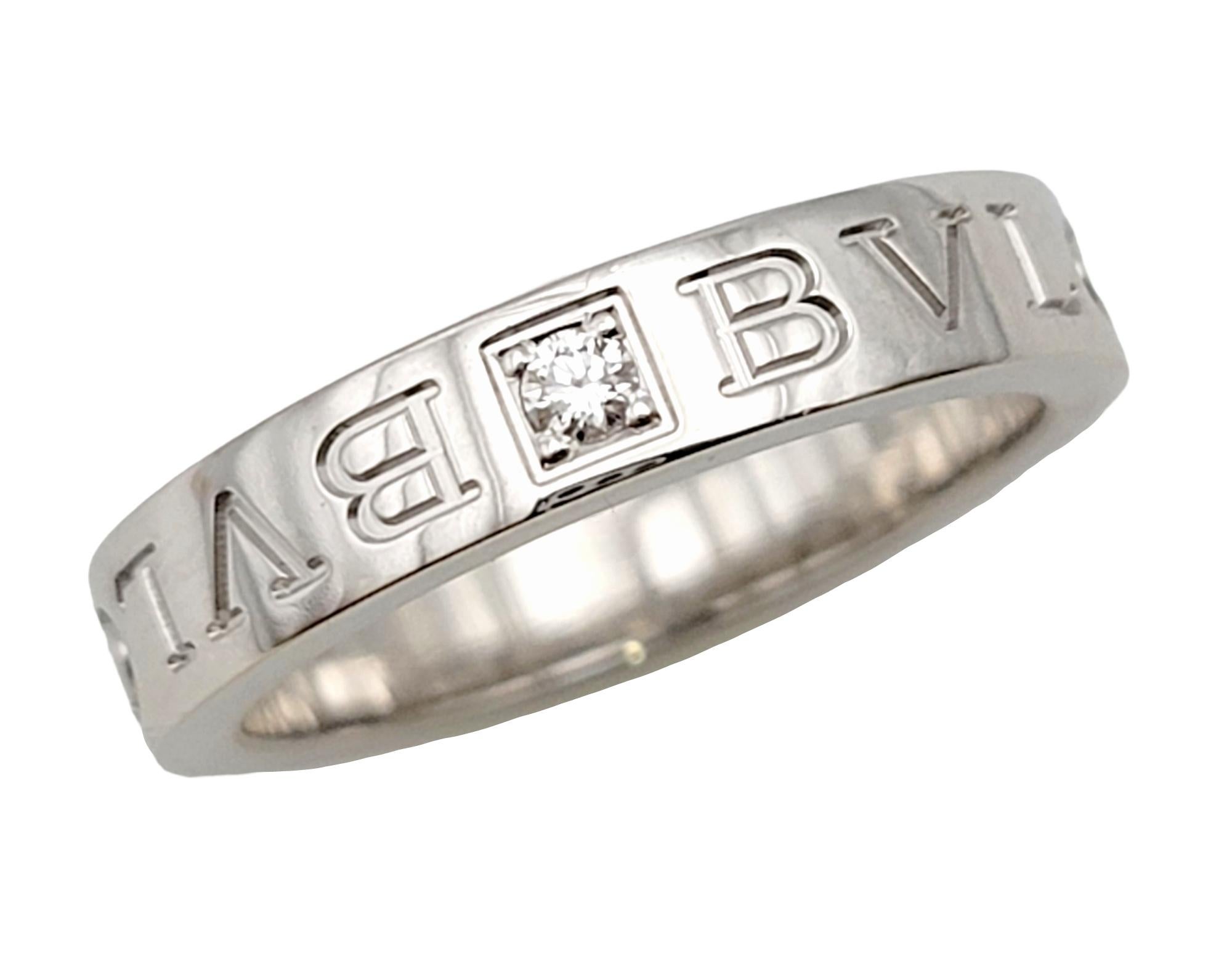 Ring size: 6.5

Sleek and modern 18 karat white gold contemporary designer wedding band ring by Bulgari. Bulgari is an Italian high-end luxury fashion house founded in 1884 and known for its jewelry, watches, fragrances, accessories, and leather