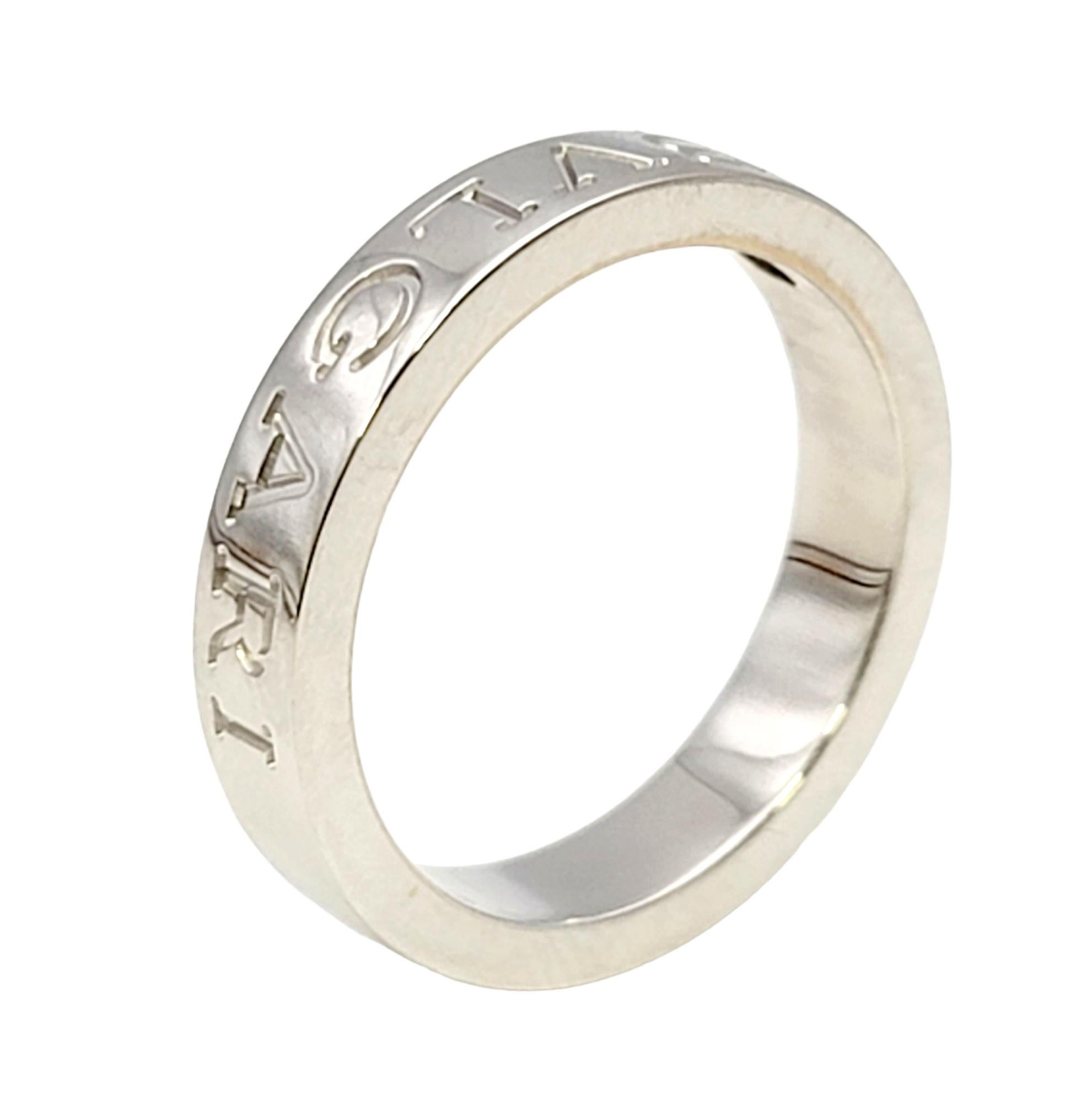 Round Cut Bulgari Womens Double Logo Wedding Band Ring with Diamond in 18 Karat White Gold For Sale