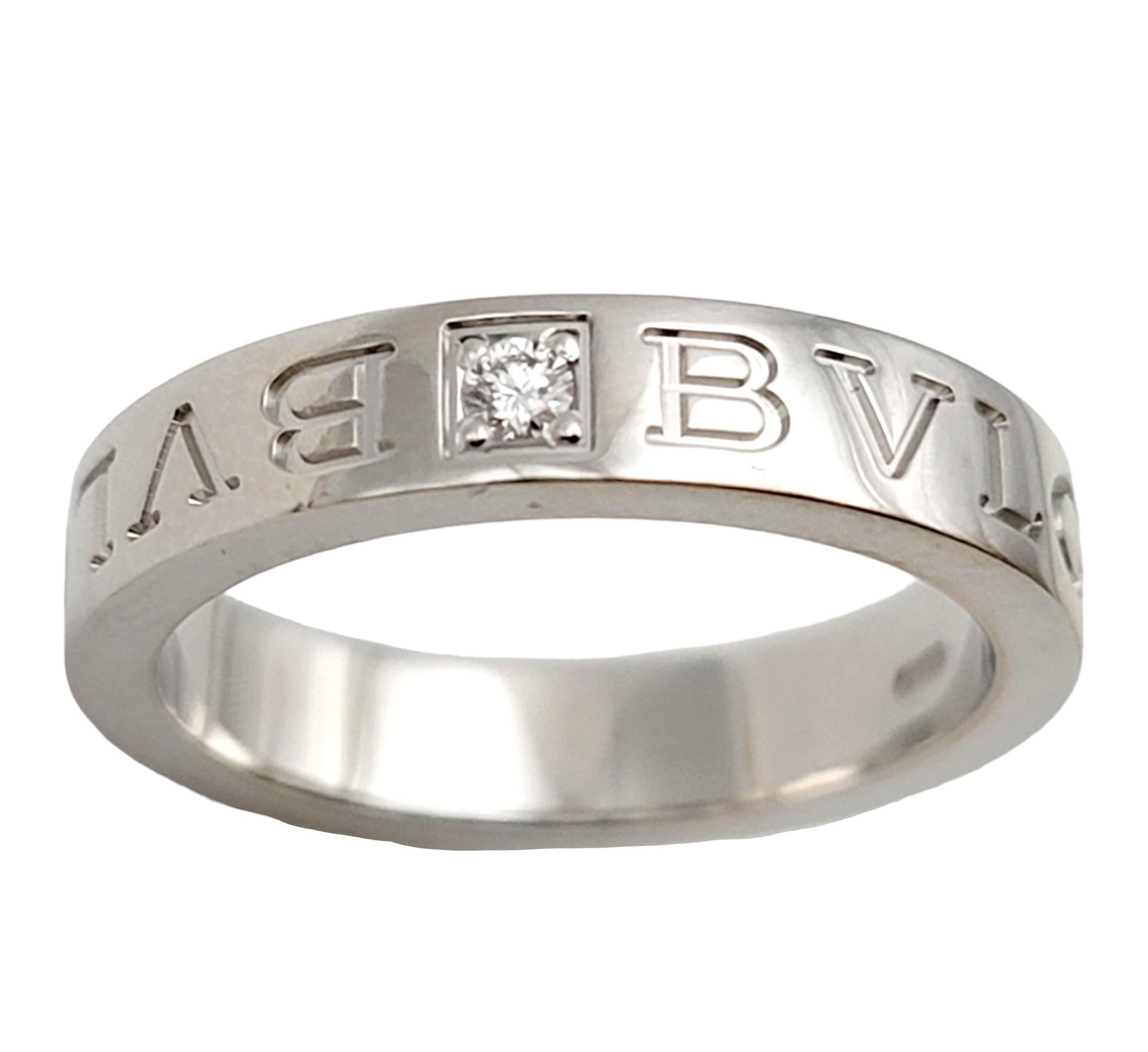 Bulgari Womens Double Logo Wedding Band Ring with Diamond in 18 Karat White Gold In Excellent Condition For Sale In Scottsdale, AZ
