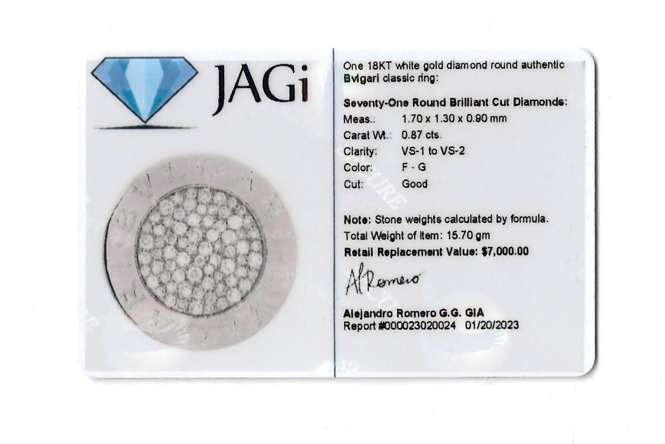 Bulgari Womens Logo Pave Diamond Split Shank Disc Ring in 18 Karat White Gold  For Sale 6