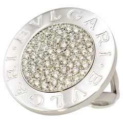 Bulgari Womens Logo Pave Diamond Split Shank Disc Ring in 18 Karat White Gold