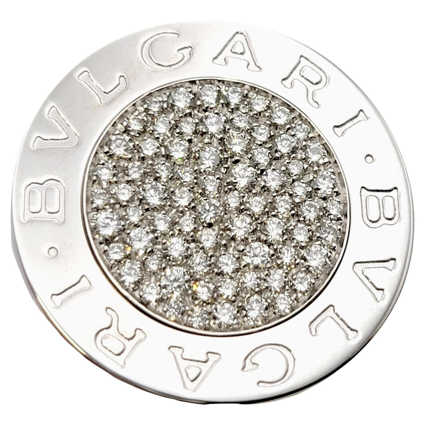 Bulgari Womens Logo Pave Diamond Split Shank Disc Ring in 18 Karat White Gold  For Sale