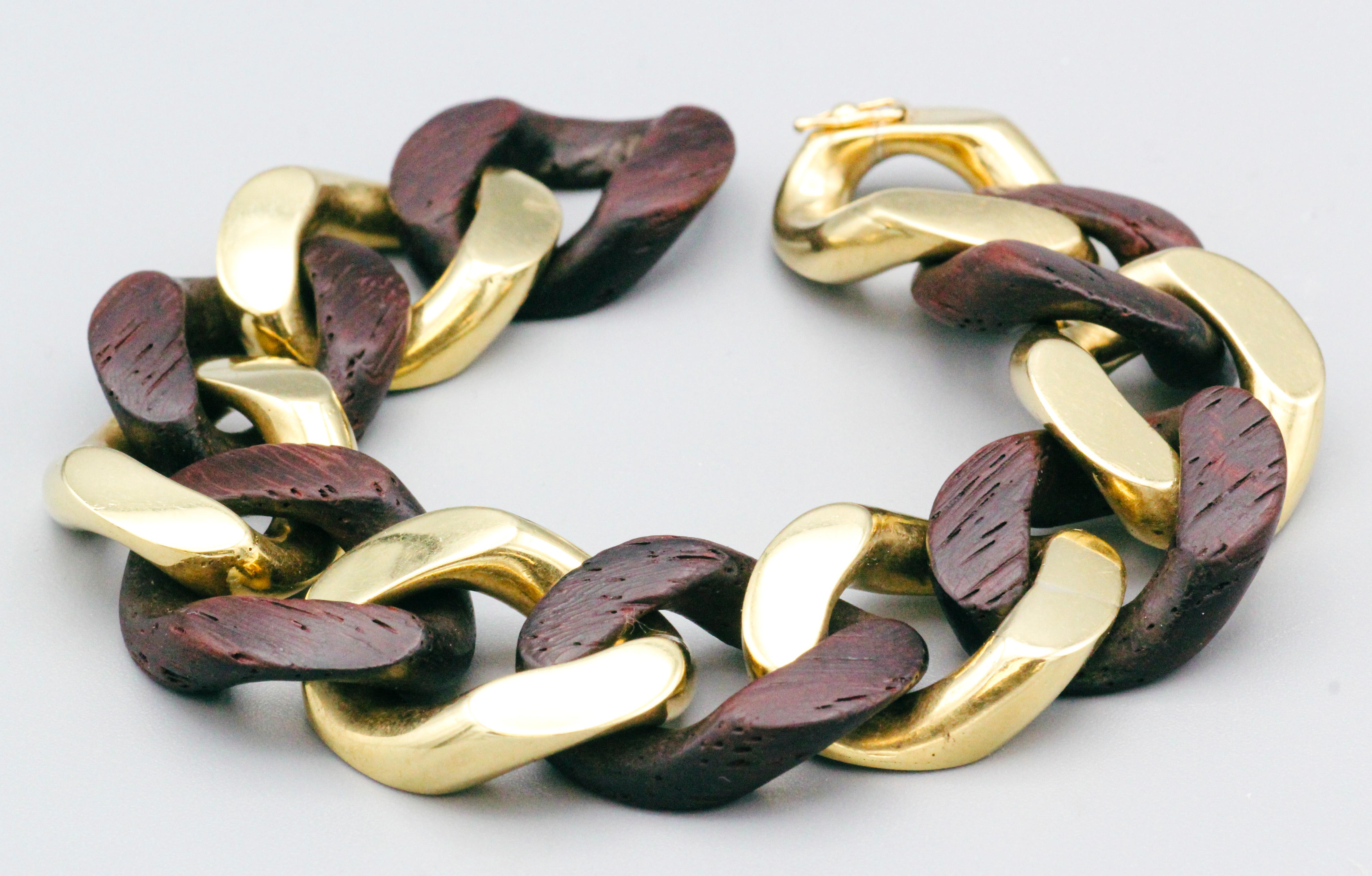 Women's or Men's Bulgari Wood and 18k Gold Curb Link Bracelet  For Sale