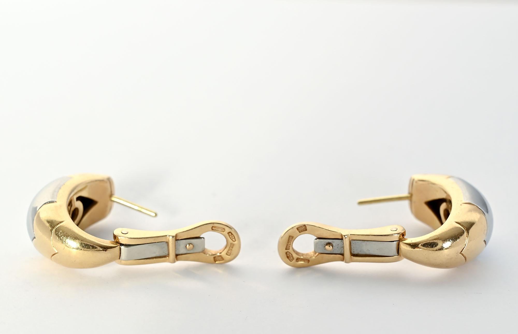 Women's or Men's Bulgari Yellow and White Gold Half Hoop Earrings For Sale