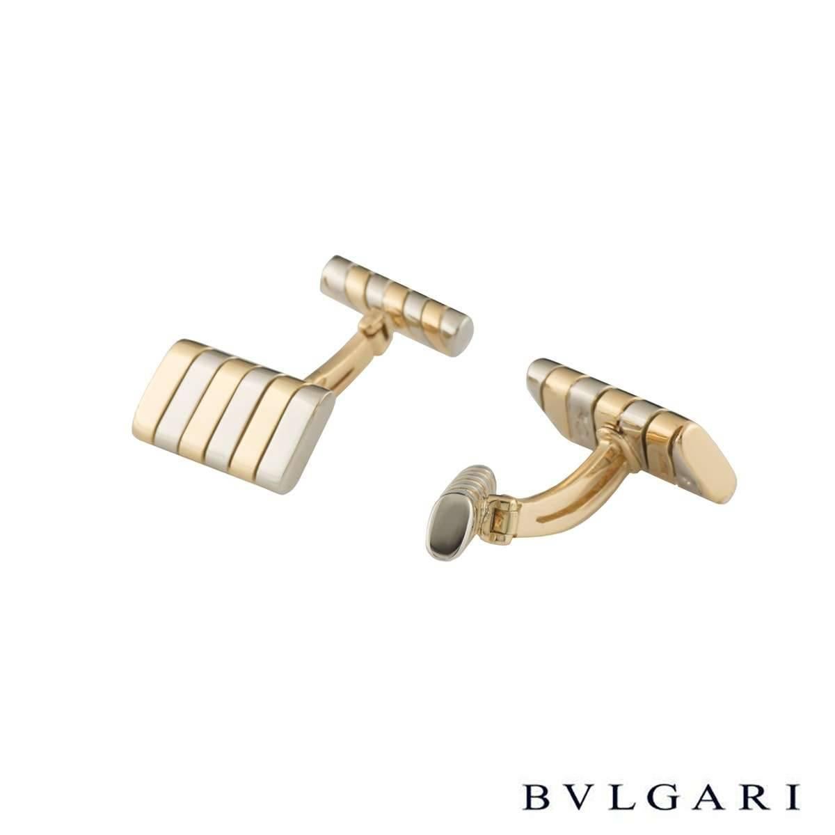 A smart pair of 18k yellow and white gold Bvlgari cufflinks from the Tubogas collection. The cufflinks feature a rhombus motif with yellow and white gold stripes throughout. The cufflinks feature a T-bar fitting and has a gross weight of 12.90