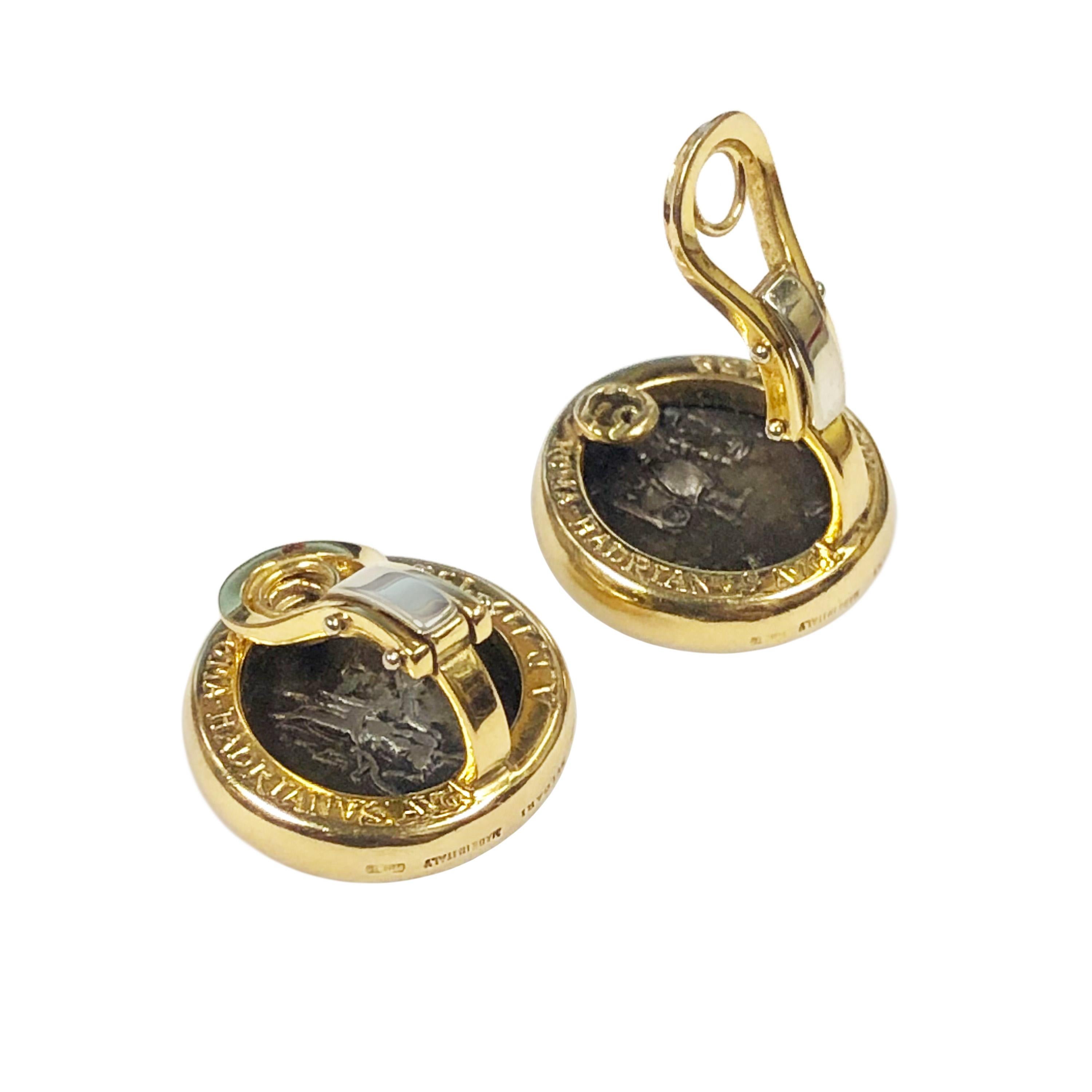 Circa 1990s Bulgari 18K Yellow Gold Earrings set with Ancient Roman Coins, the earrings measure 1/2 inch in diameter and the backs of the Earrings are engraved with the Coins information: Roma - Hadrianvs Avg A.D. 117-138. Omega Clip Backs to which