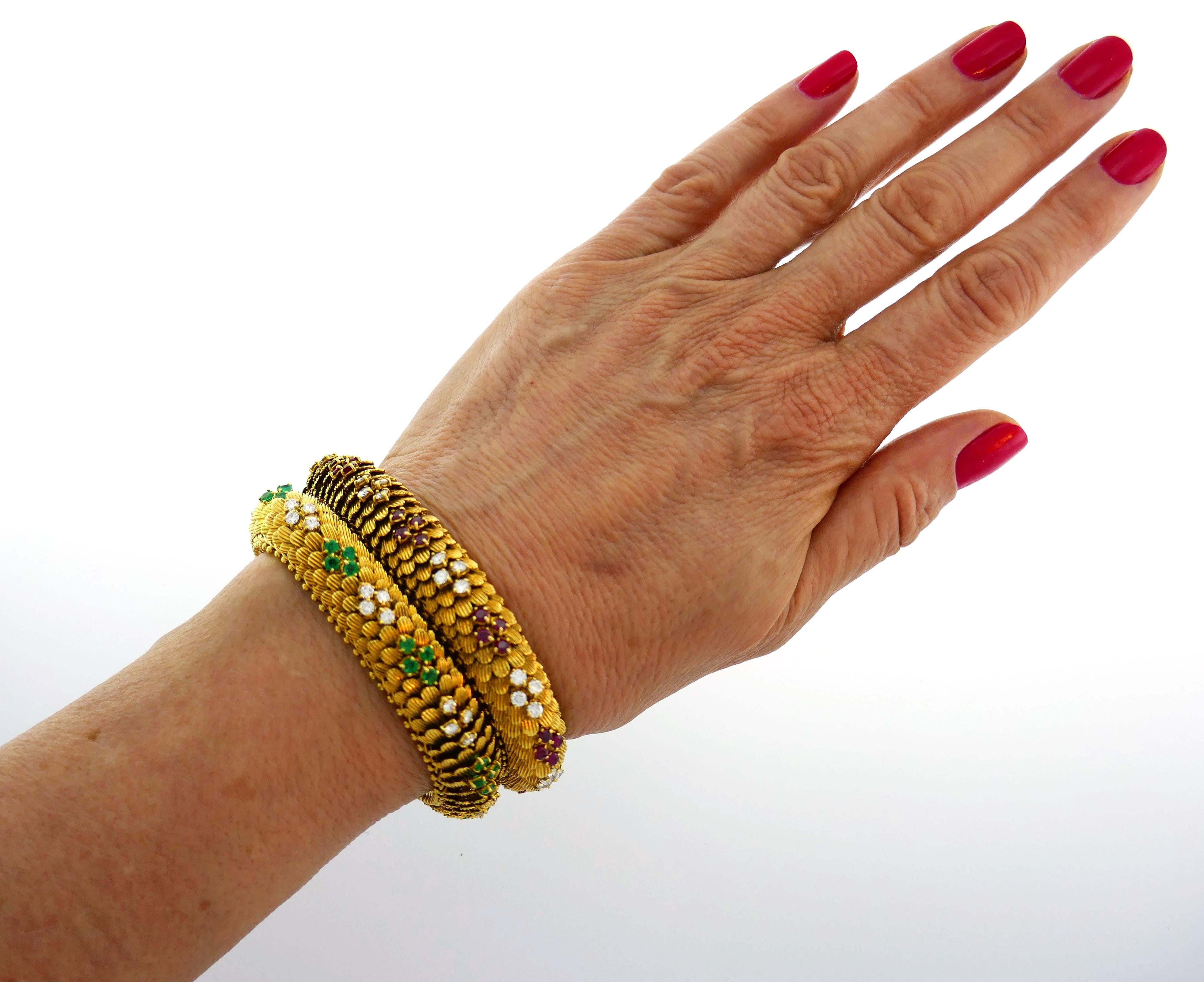 Bulgari Yellow Gold Bracelet Pair 1960s Bvlgari with Diamond Ruby Emerald In Good Condition In Beverly Hills, CA