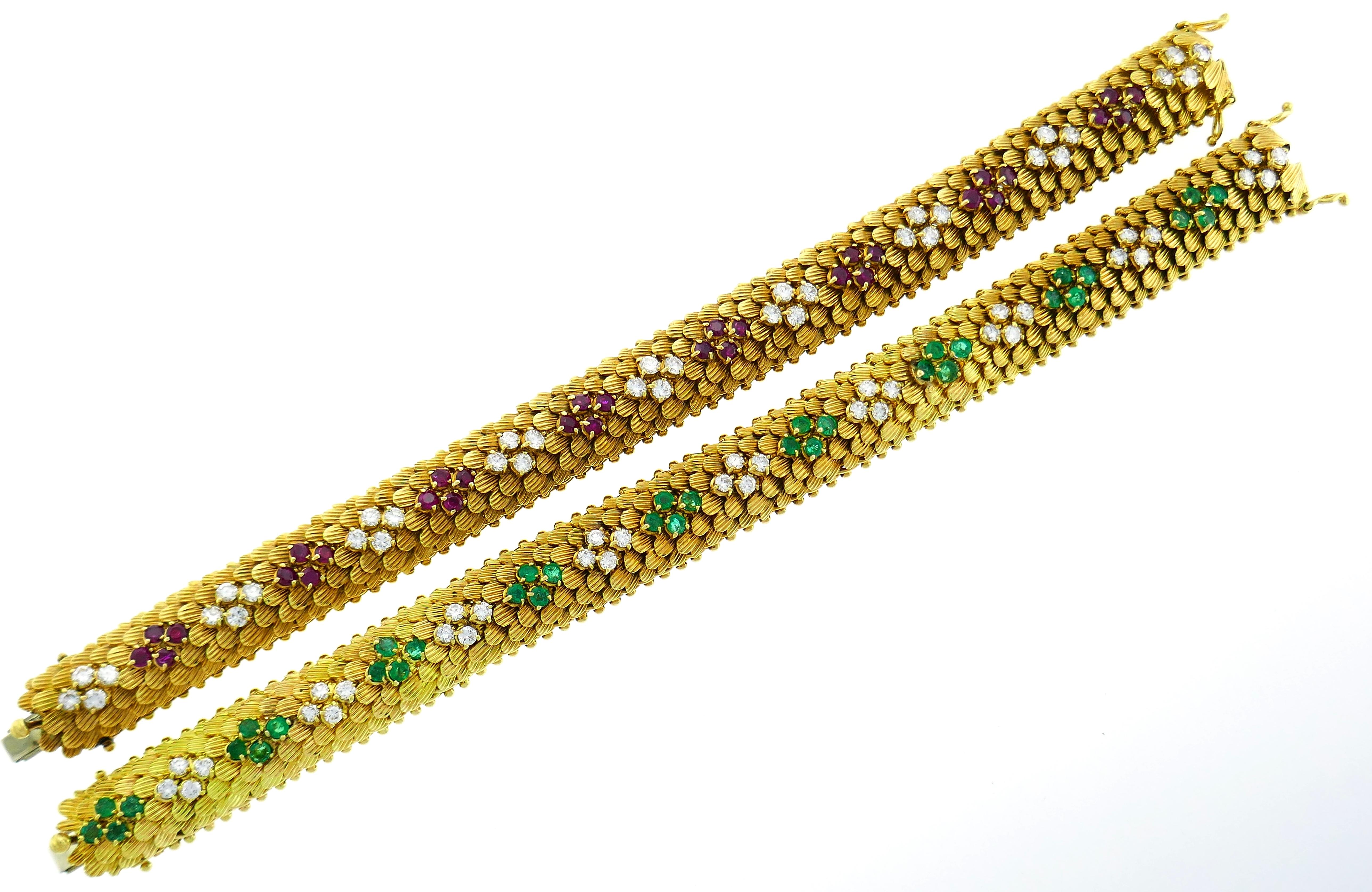 Bulgari Yellow Gold Bracelet Pair 1960s Bvlgari with Diamond Ruby Emerald 1