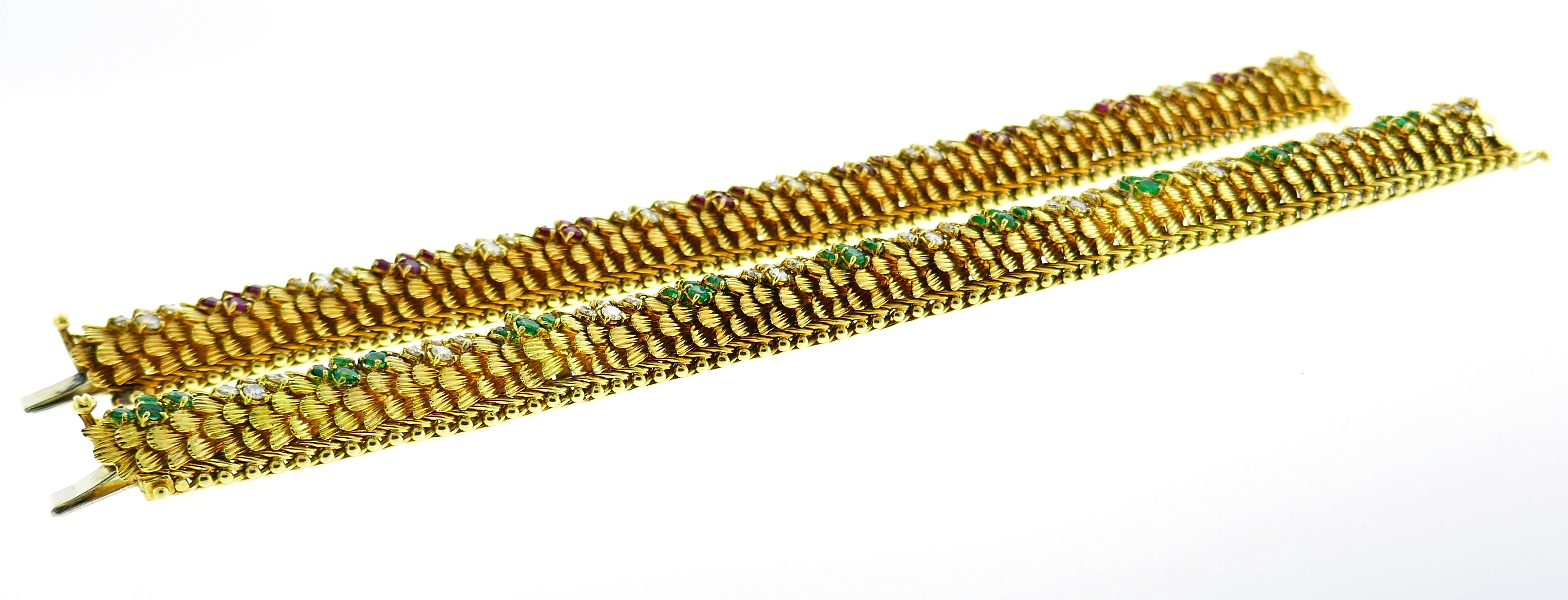 Bulgari Yellow Gold Bracelet Pair 1960s Bvlgari with Diamond Ruby Emerald 2