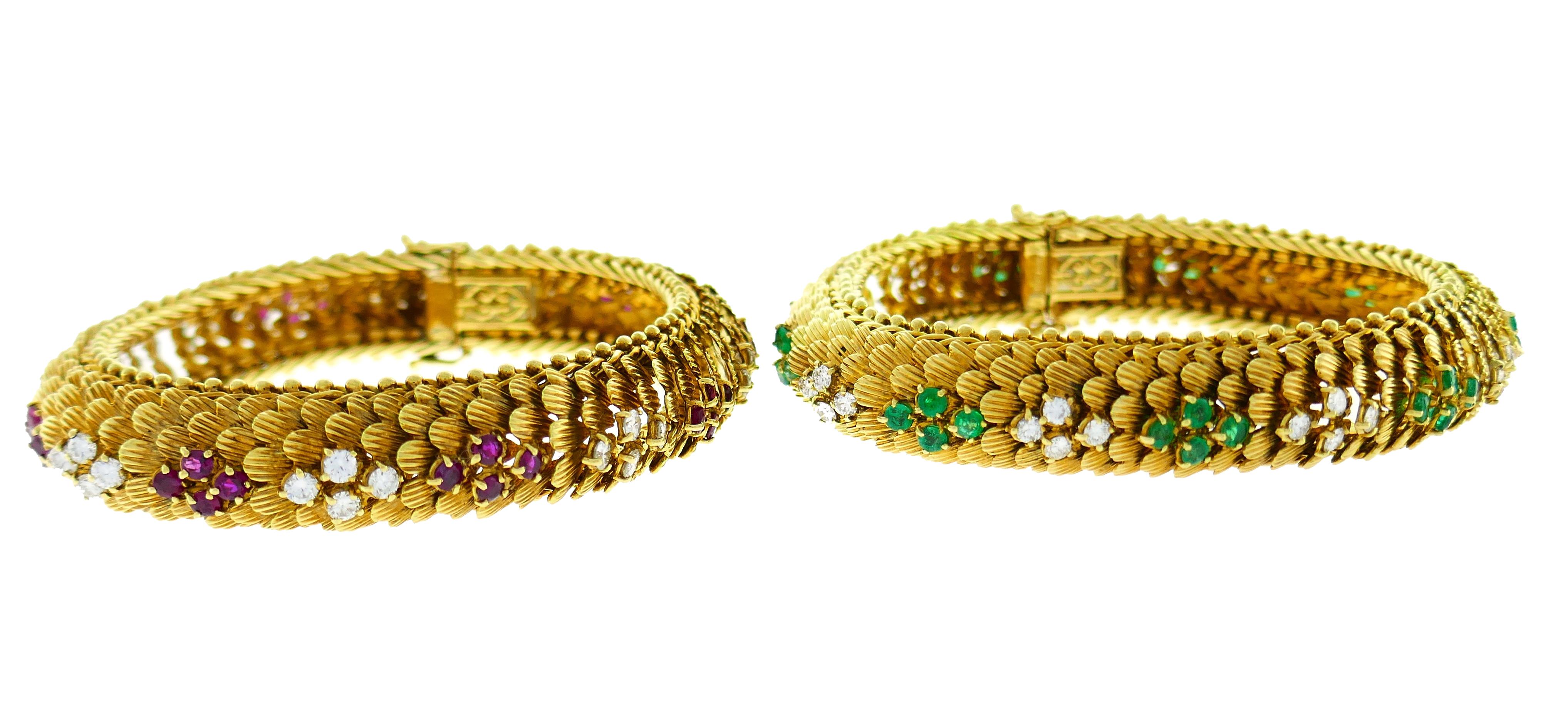 Bulgari Yellow Gold Bracelet Pair 1960s Bvlgari with Diamond Ruby Emerald 3