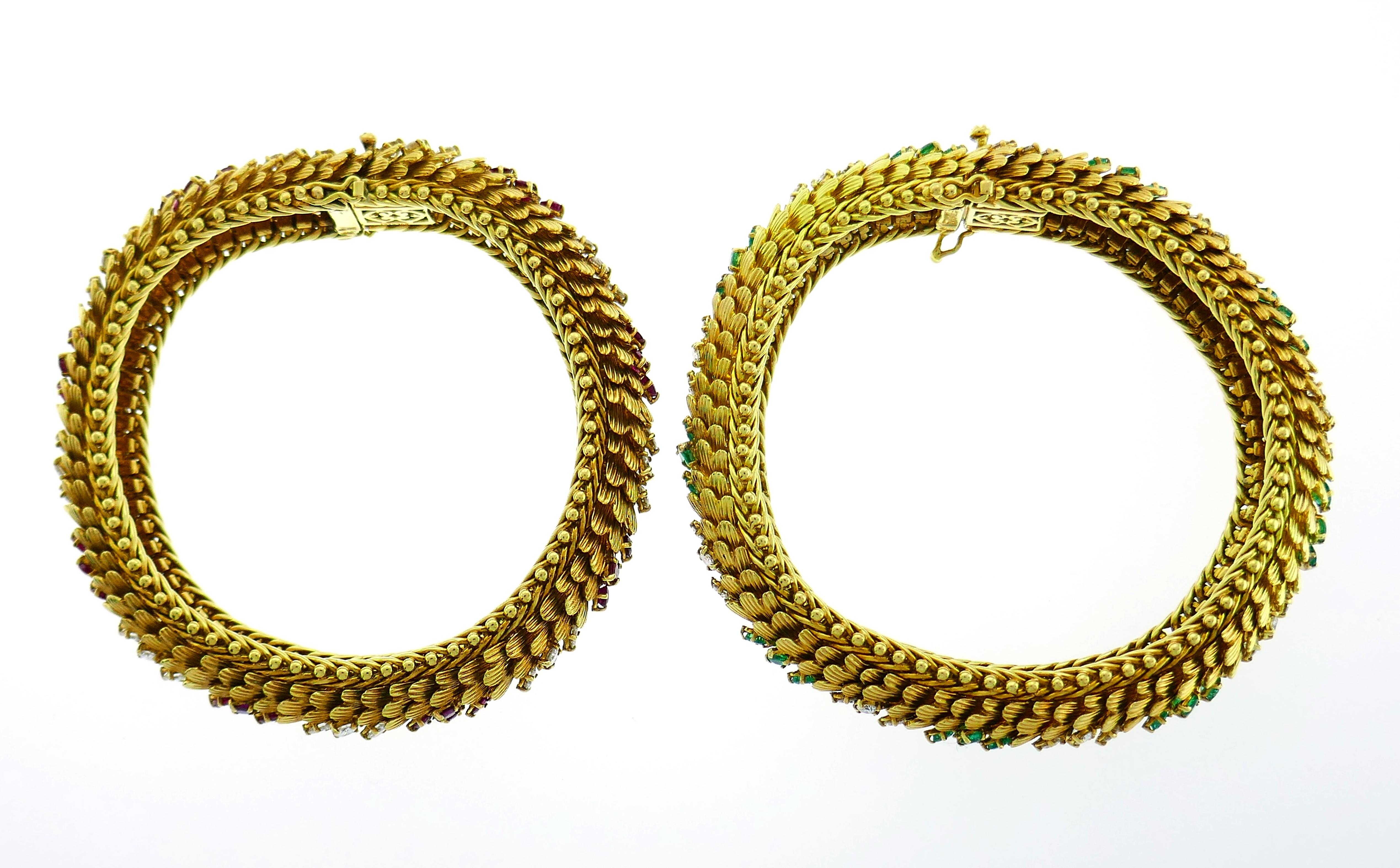 Bulgari Yellow Gold Bracelet Pair 1960s Bvlgari with Diamond Ruby Emerald 4