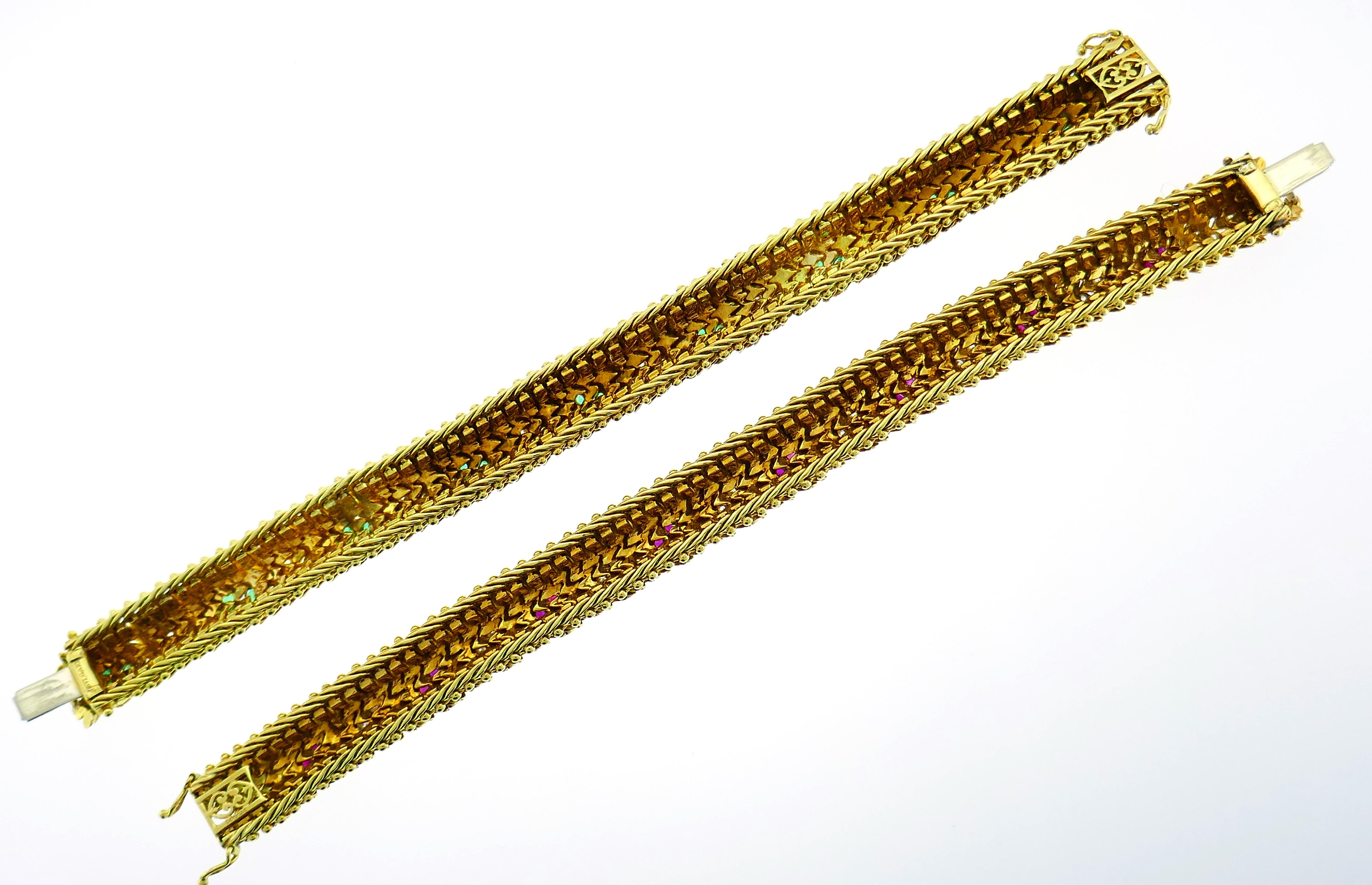 Bulgari Yellow Gold Bracelet Pair 1960s Bvlgari with Diamond Ruby Emerald 5