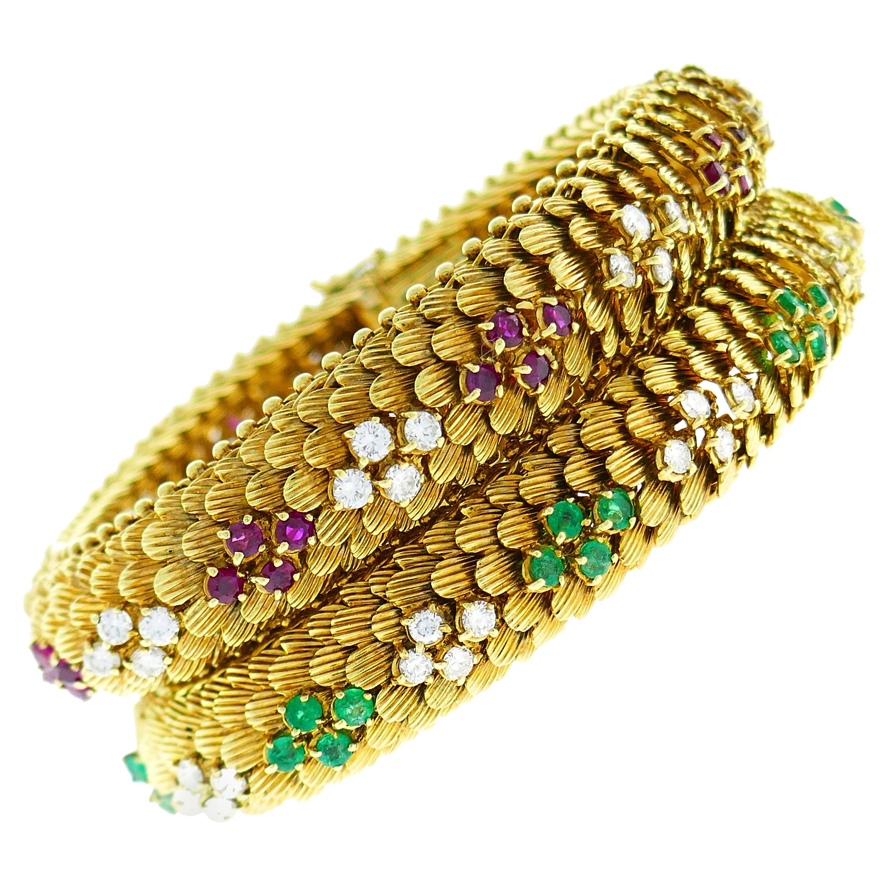 Bulgari Yellow Gold Bracelet Pair 1960s Bvlgari with Diamond Ruby Emerald
