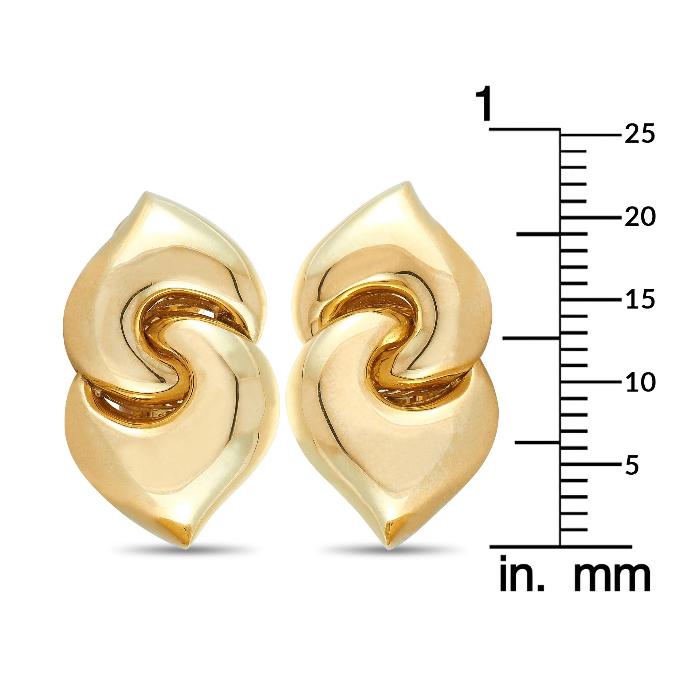 These Bvlgari earrings are crafted from 18K yellow gold and each of the two weighs 7.5 grams, measuring 0.87” in length and 0.50” in width.

The earrings are offered in estate condition and include the manufacturer’s box.