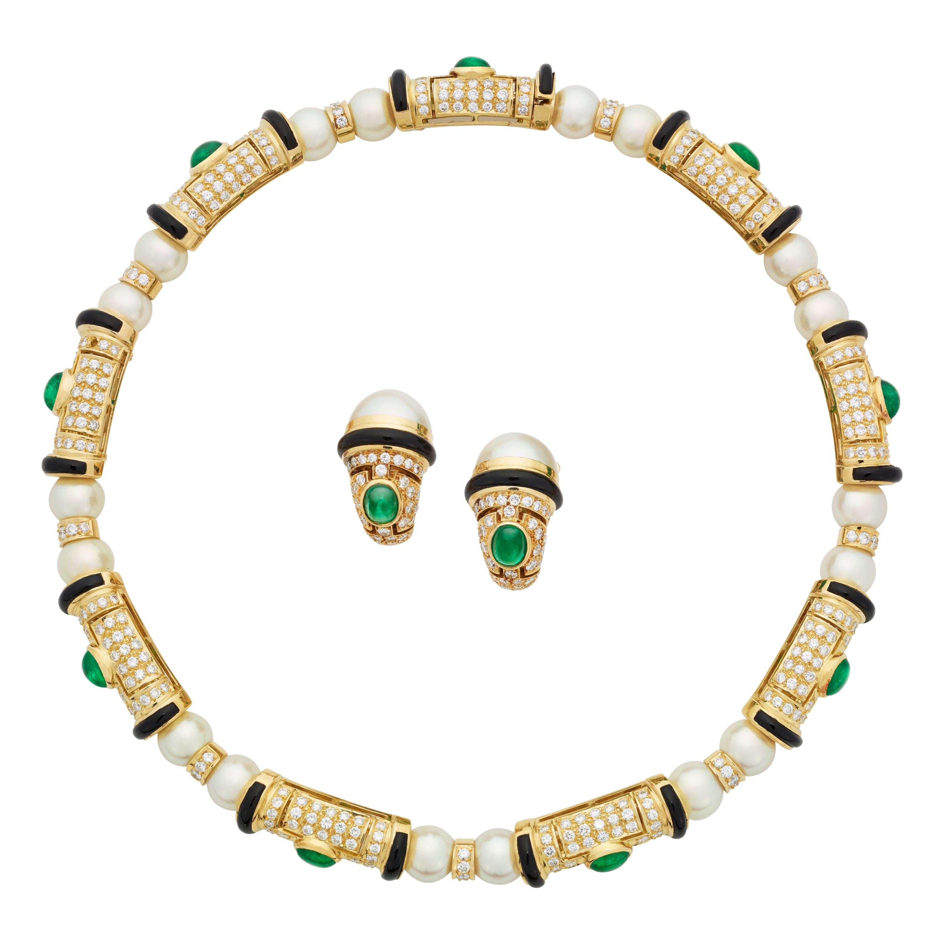 Bulgari Pearl Emerald Onyx and Diamond Necklace and Earrings 
