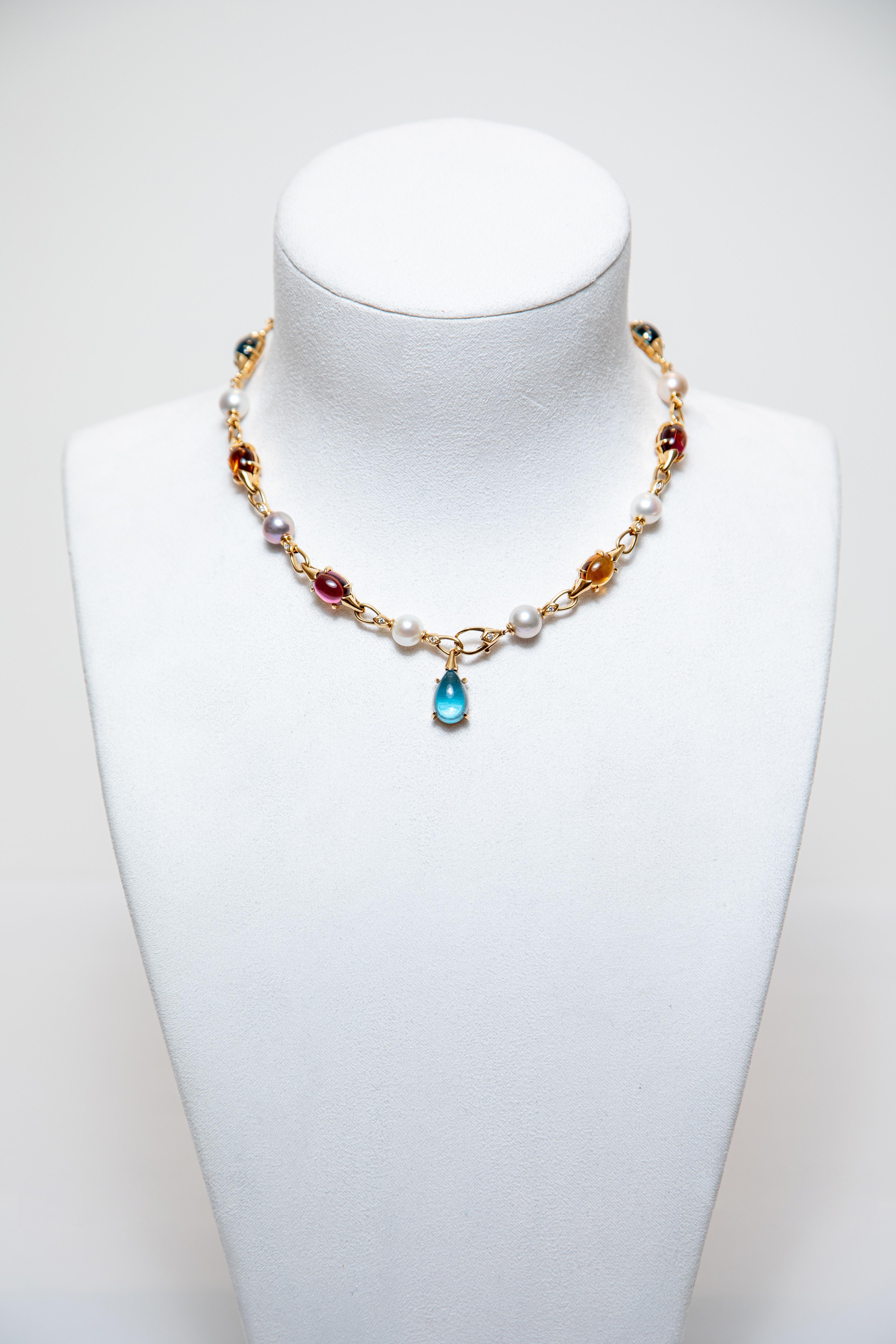 Bulgari Necklace in 18k Yellow Gold with multicolored stones (tourmalines, topazes and citrines) cabochon cut, diamonds and 9 pearls.

Length: 17 inches, 43 cm
Weight: 56.6 g
