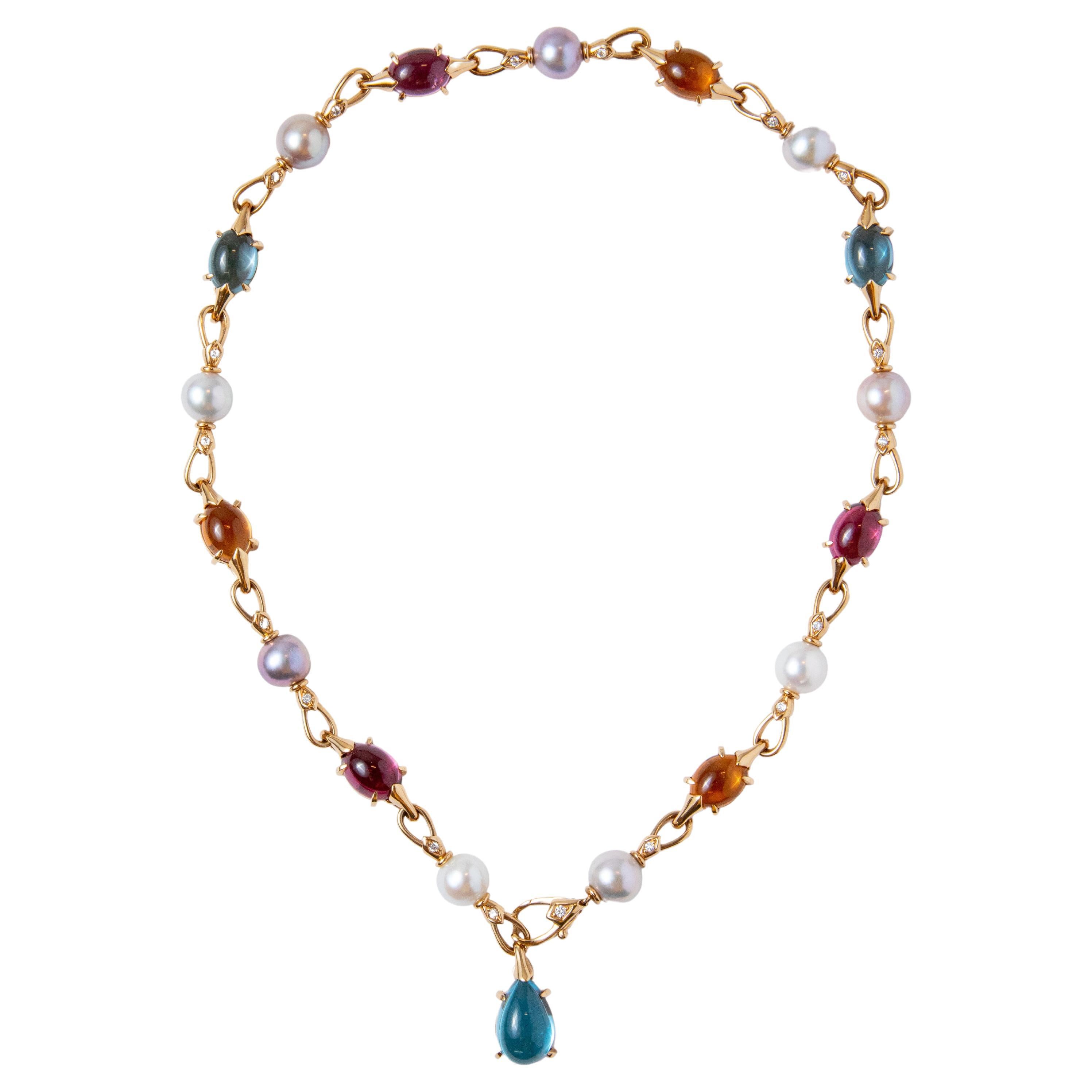 Bulgari Yellow Gold, Multicolored Stones, Pearls and Diamonds Necklace For Sale