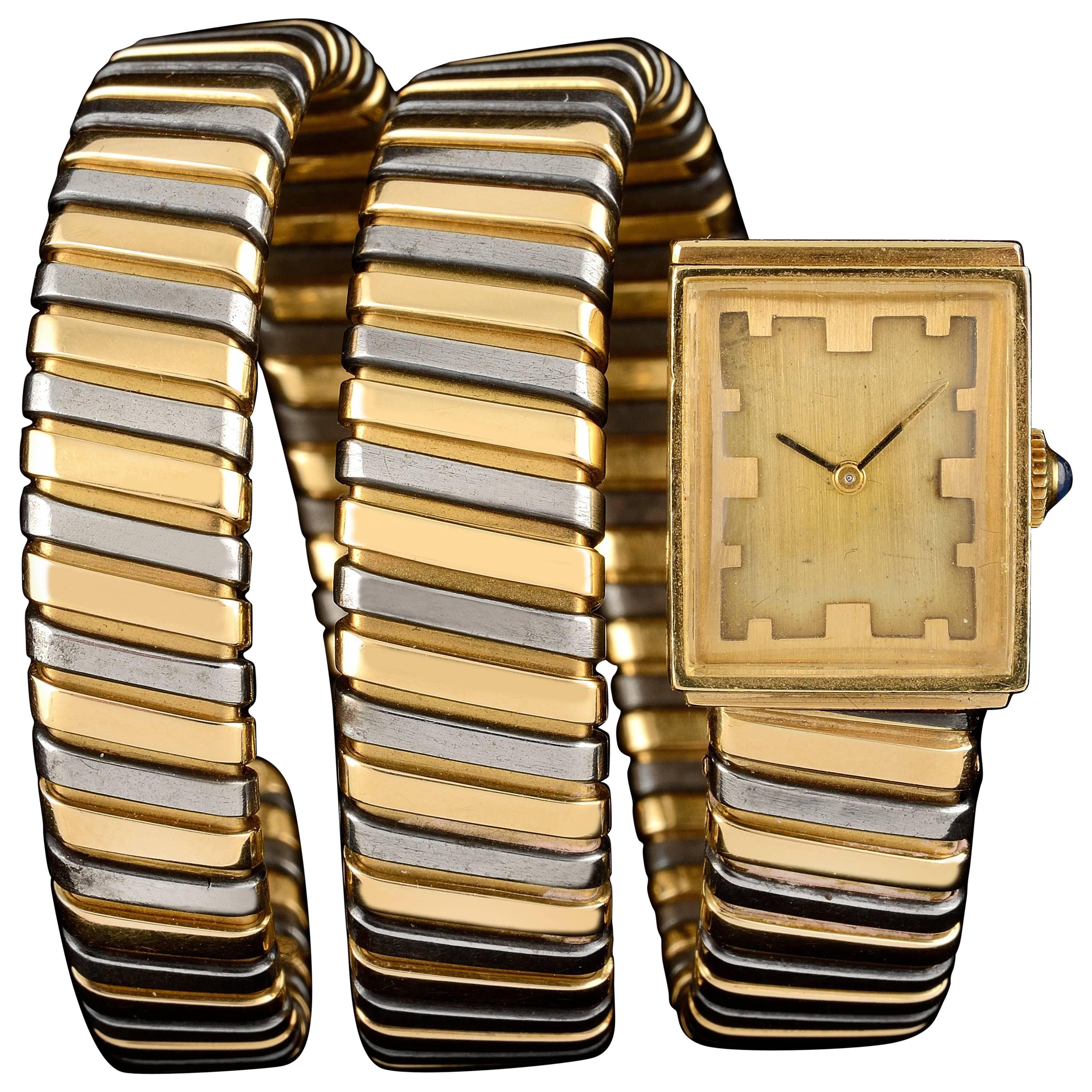Bulgari Yellow Gold Stainless Steel Serpenti Tubogas Wristwatch, circa 1970 For Sale