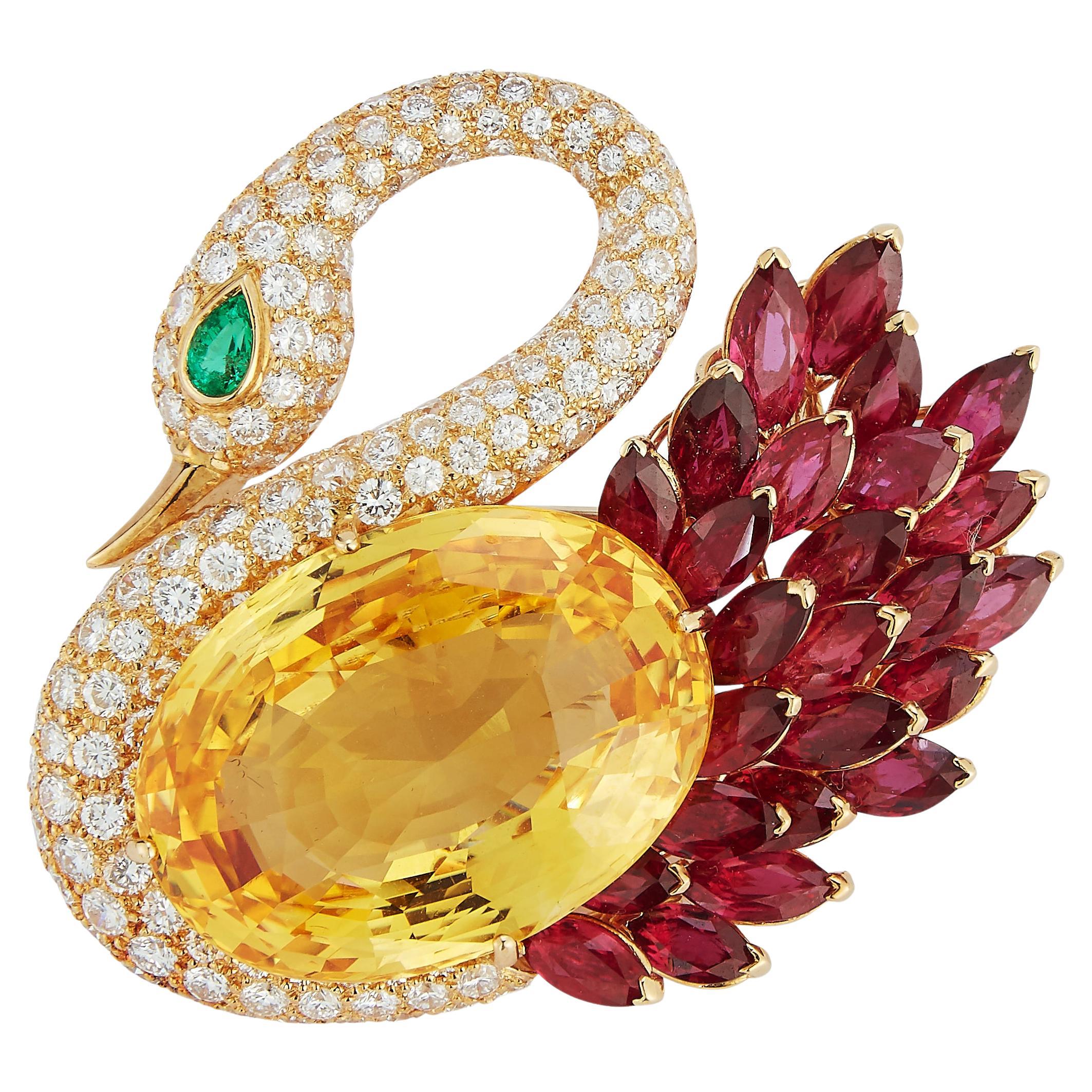 Bulgari Yellow Sapphire, Ruby, Emerald & Diamond Swan Brooch