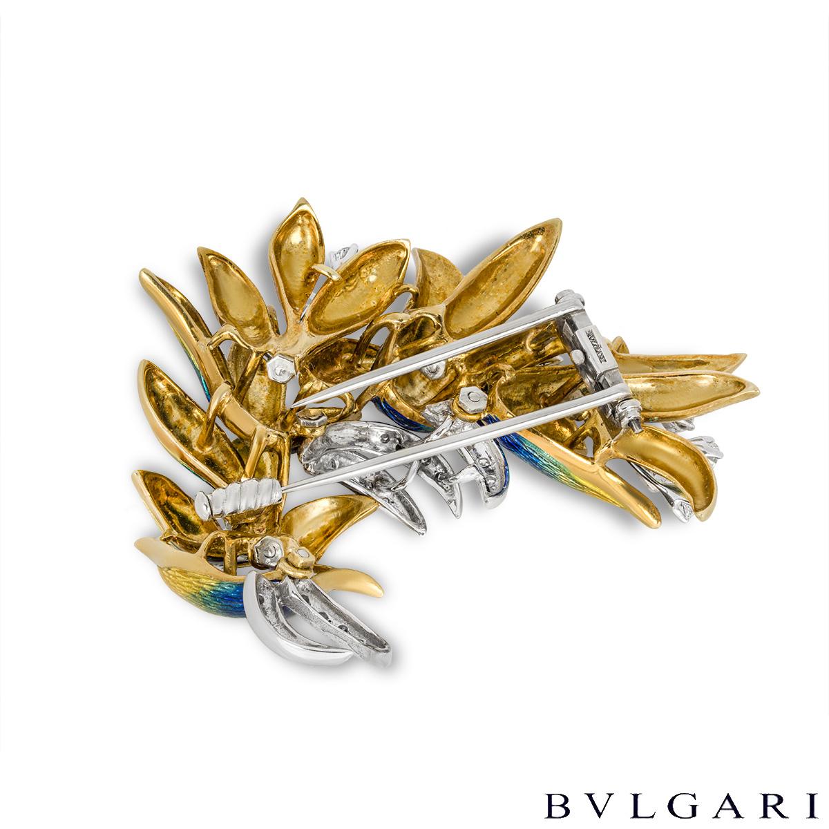 Round Cut Bulgari Yellow & White Gold Enamel & Diamond Brooch 1.38ct TDW For Sale