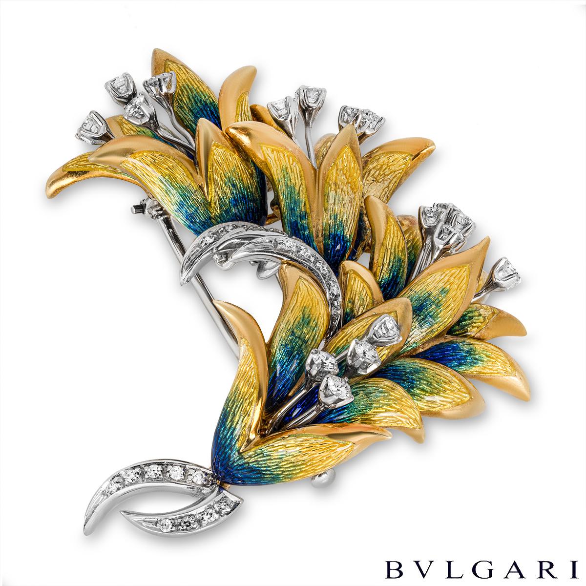 Bulgari Yellow & White Gold Enamel & Diamond Brooch 1.38ct TDW In Excellent Condition For Sale In Mayfair, London, London