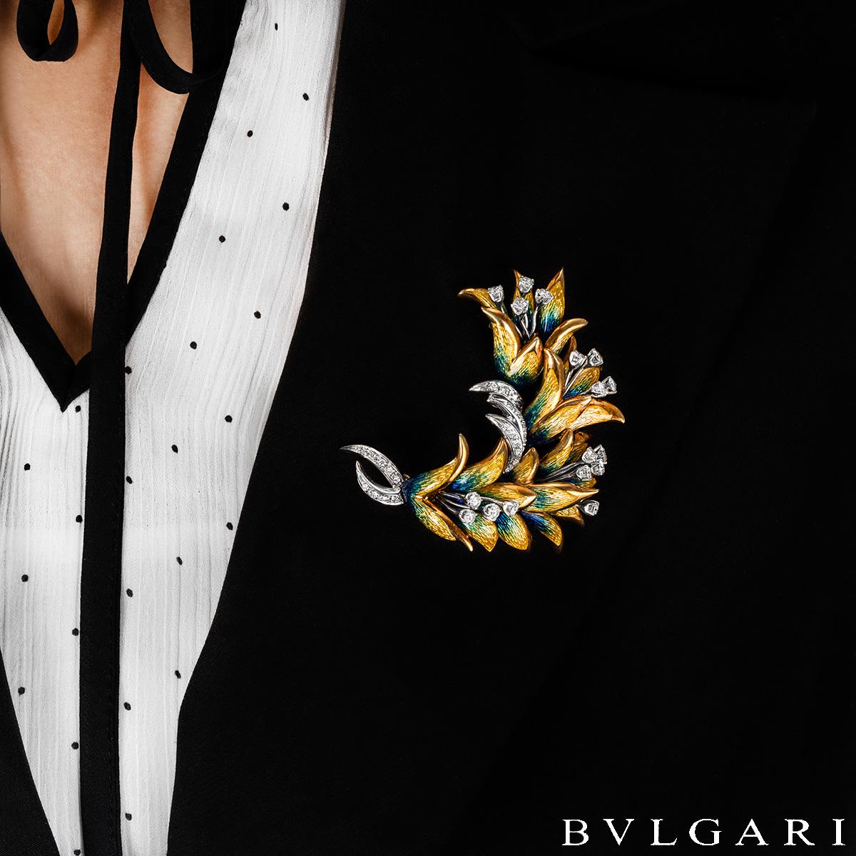 Bulgari Yellow & White Gold Enamel & Diamond Brooch 1.38ct TDW For Sale 1