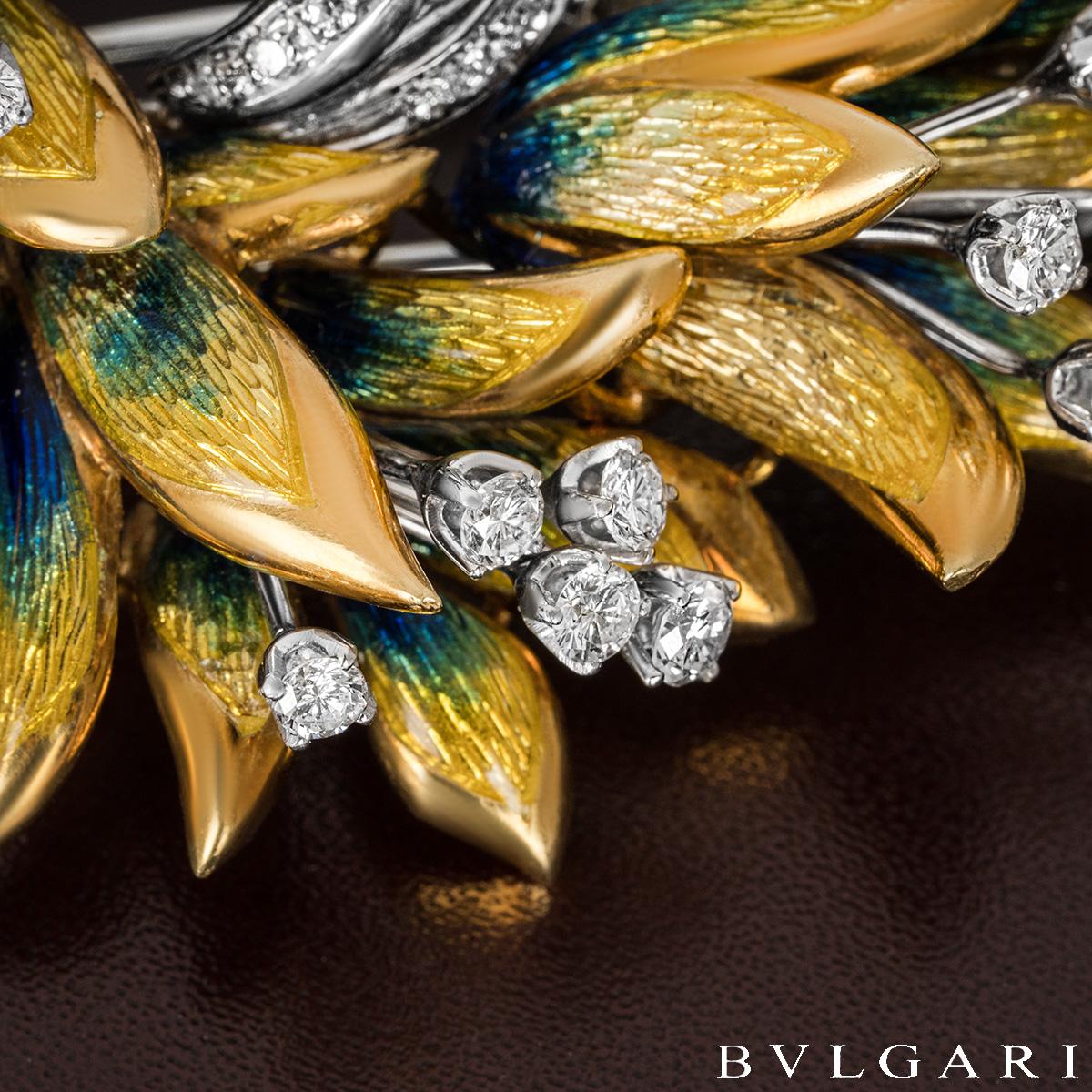 Bulgari Yellow & White Gold Enamel & Diamond Brooch 1.38ct TDW For Sale 2