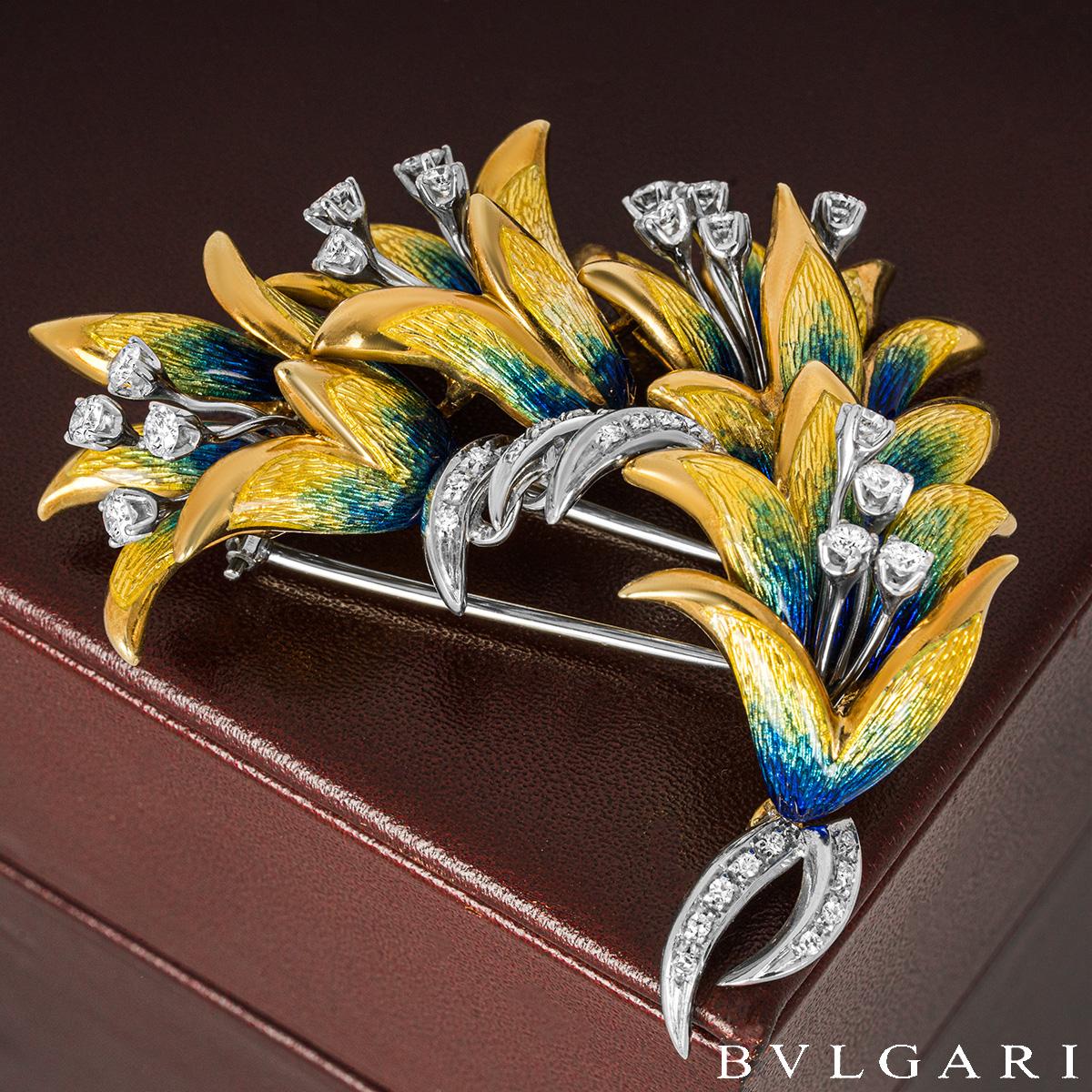 Bulgari Yellow & White Gold Enamel & Diamond Brooch 1.38ct TDW For Sale 3