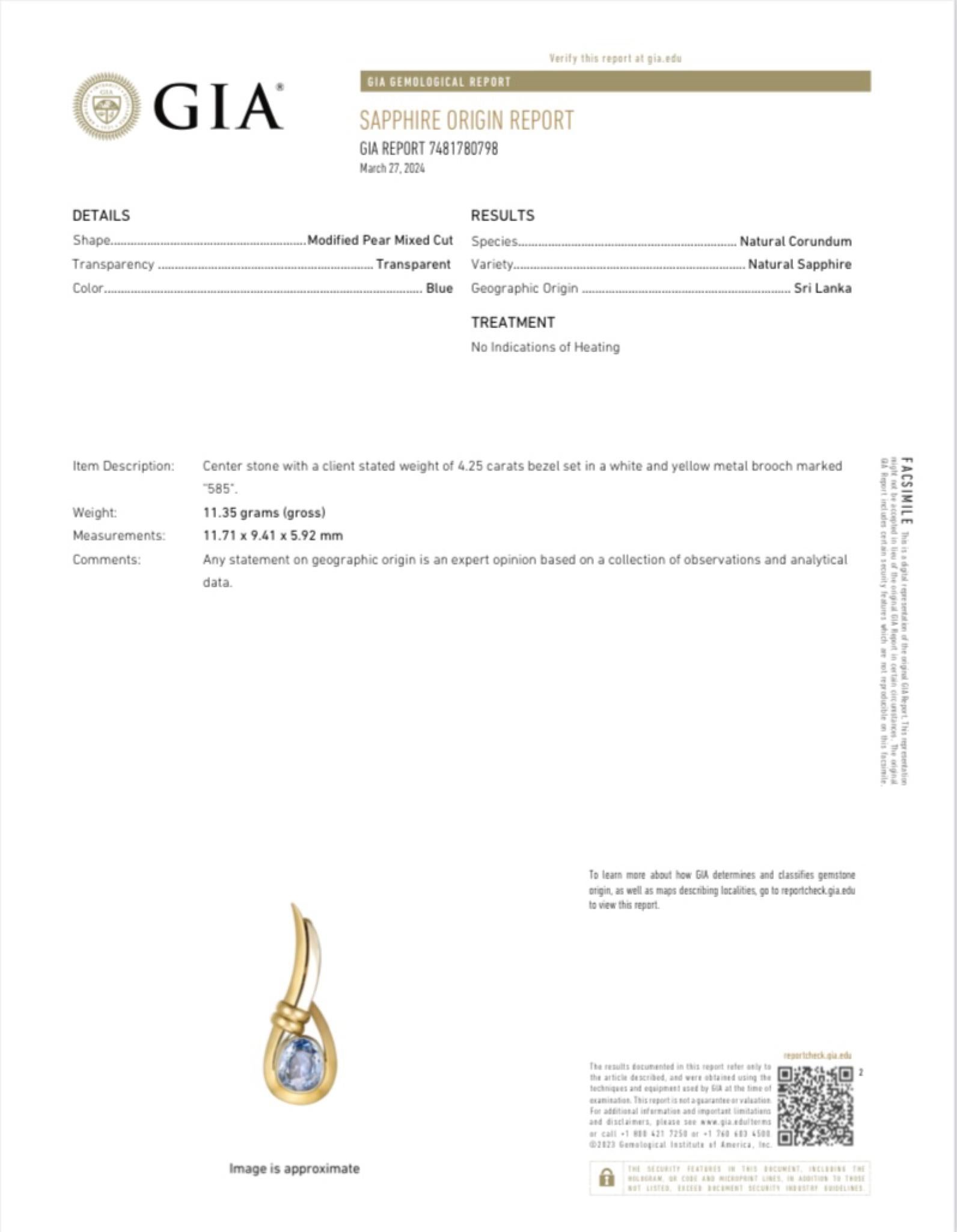 Women's or Men's 1930s GIA Certified 4.25 Carats Unheated Sapphire and Gold Clip For Sale