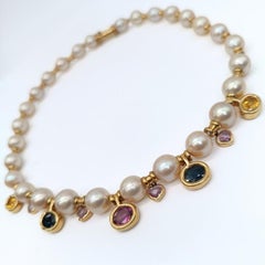 Akoya Pearl Necklace with Multicolor Sapphires 18K Yellow Gold
