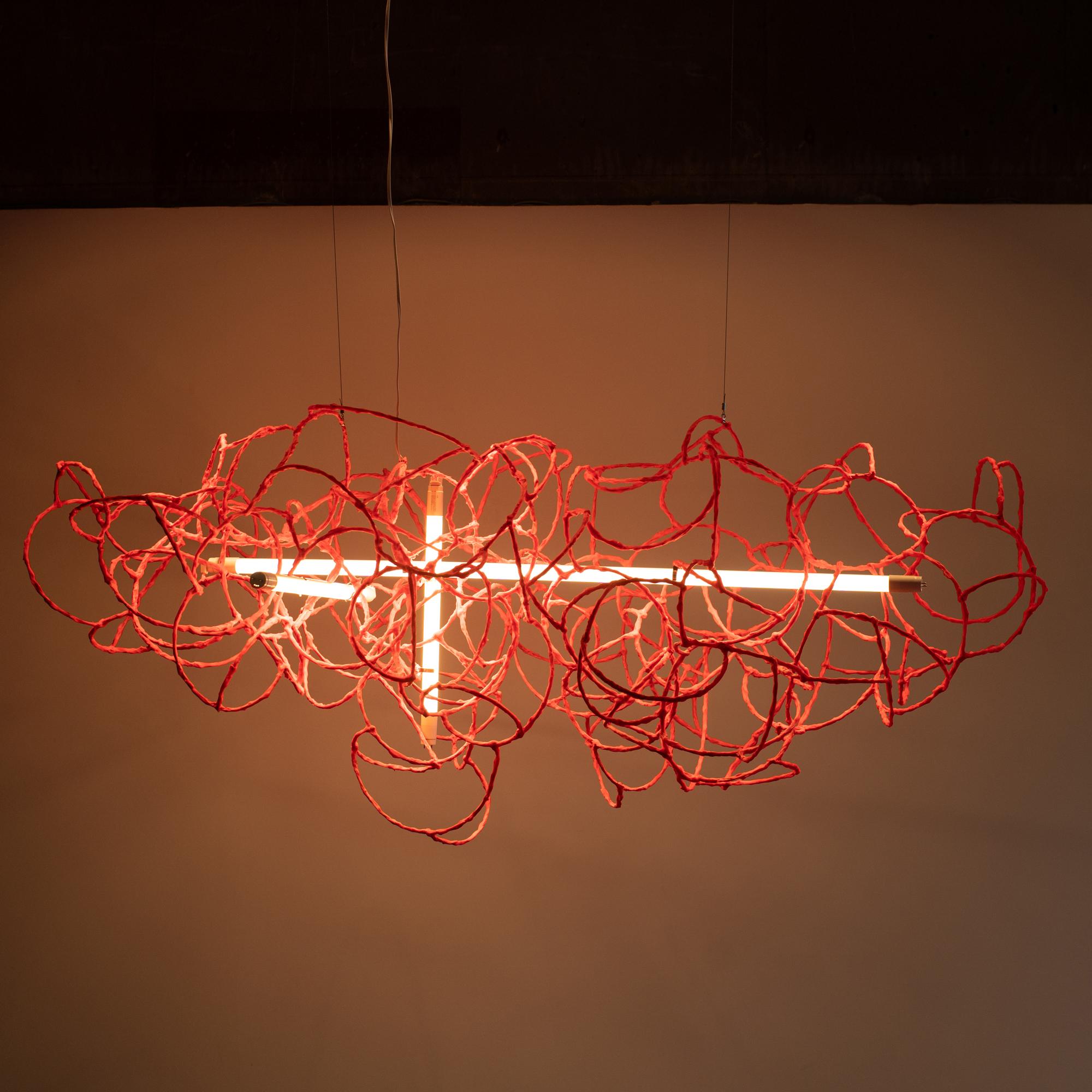 Modern Bulge Lines chandelier red Norihiko Terayama Sculptural lamp For Sale