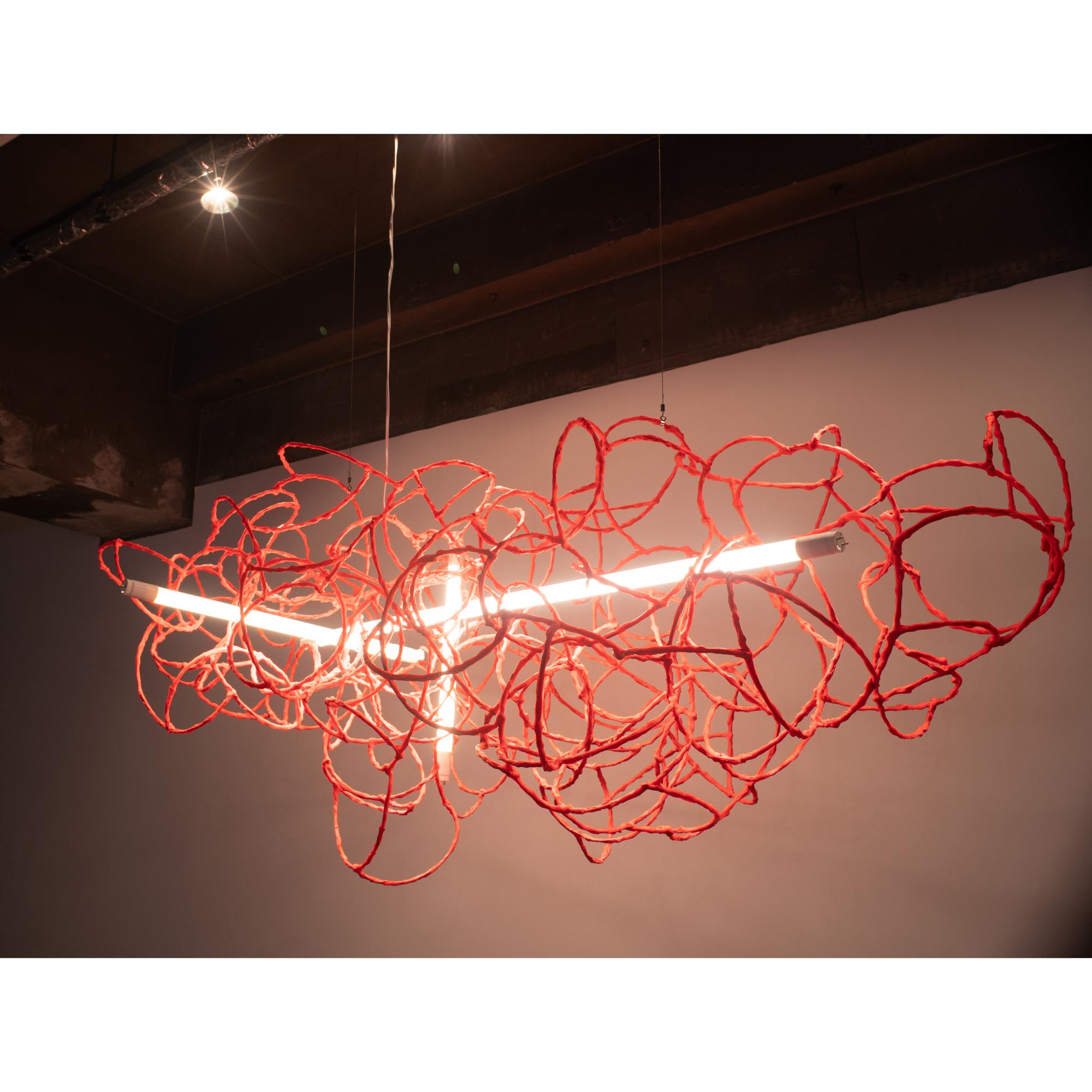 Wire Bulge Lines chandelier red Norihiko Terayama Sculptural lamp For Sale